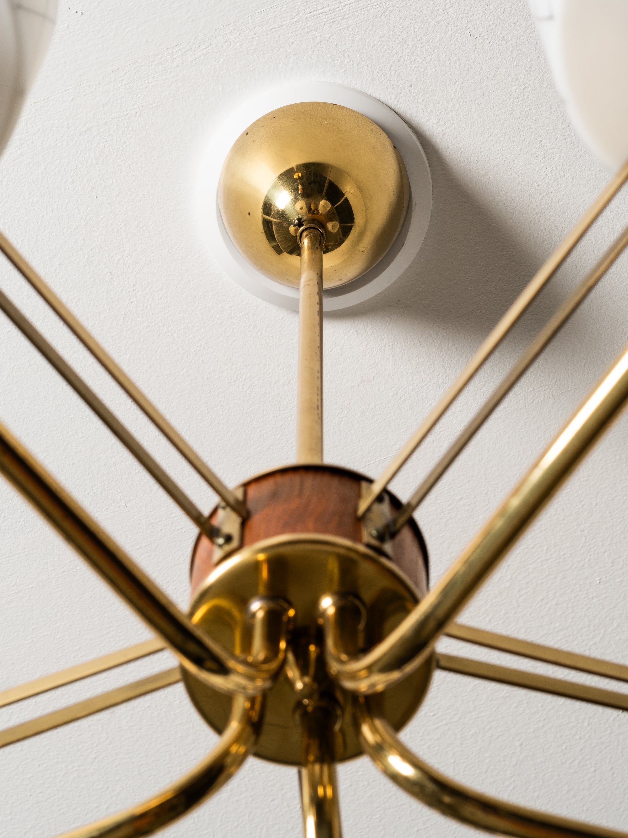 Brass, Teak and Opaline Glass with Diamond Pattern Chandelier, Finland, 1950s