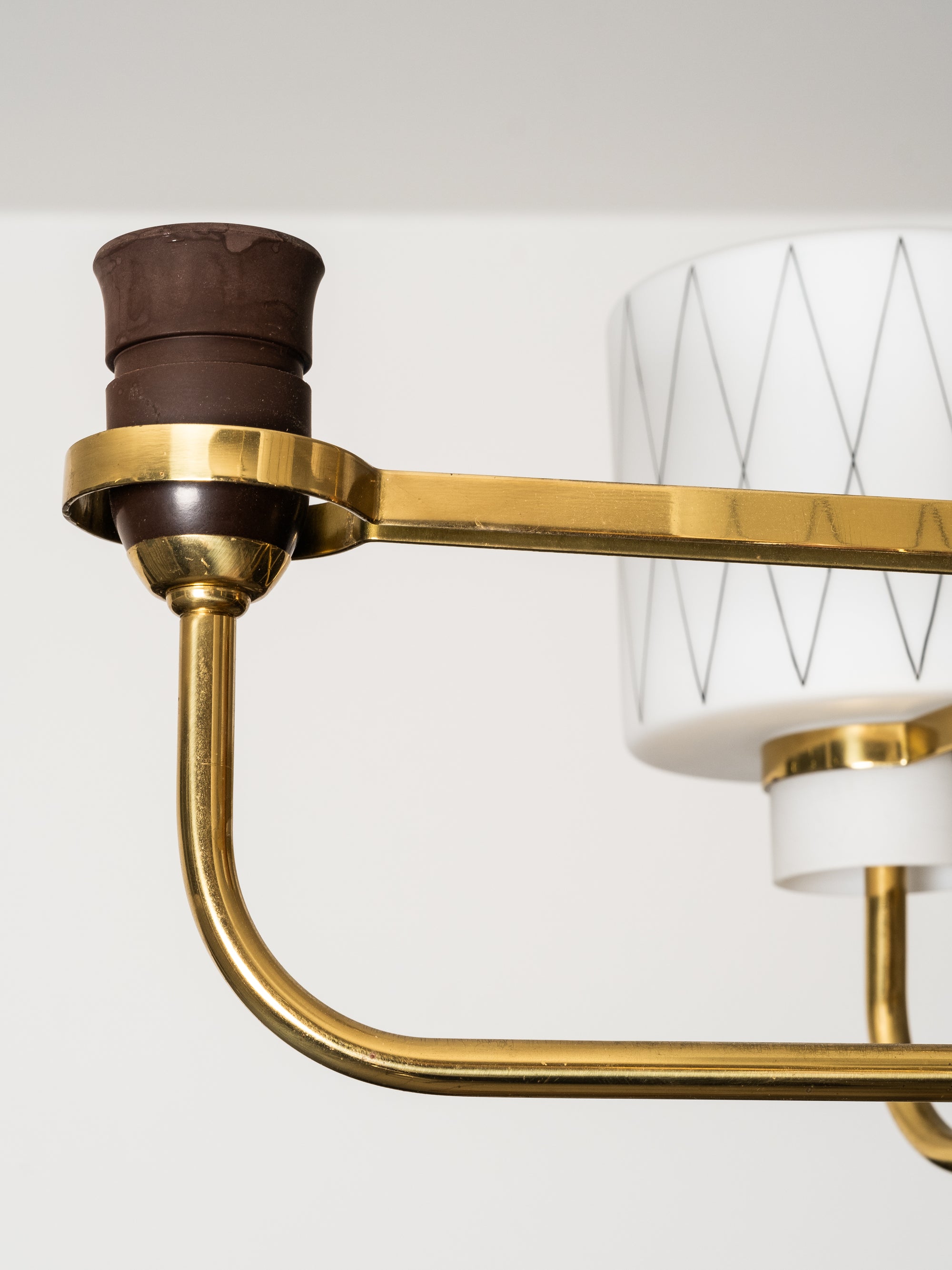 Brass, Teak and Opaline Glass with Diamond Pattern Chandelier, Finland, 1950s