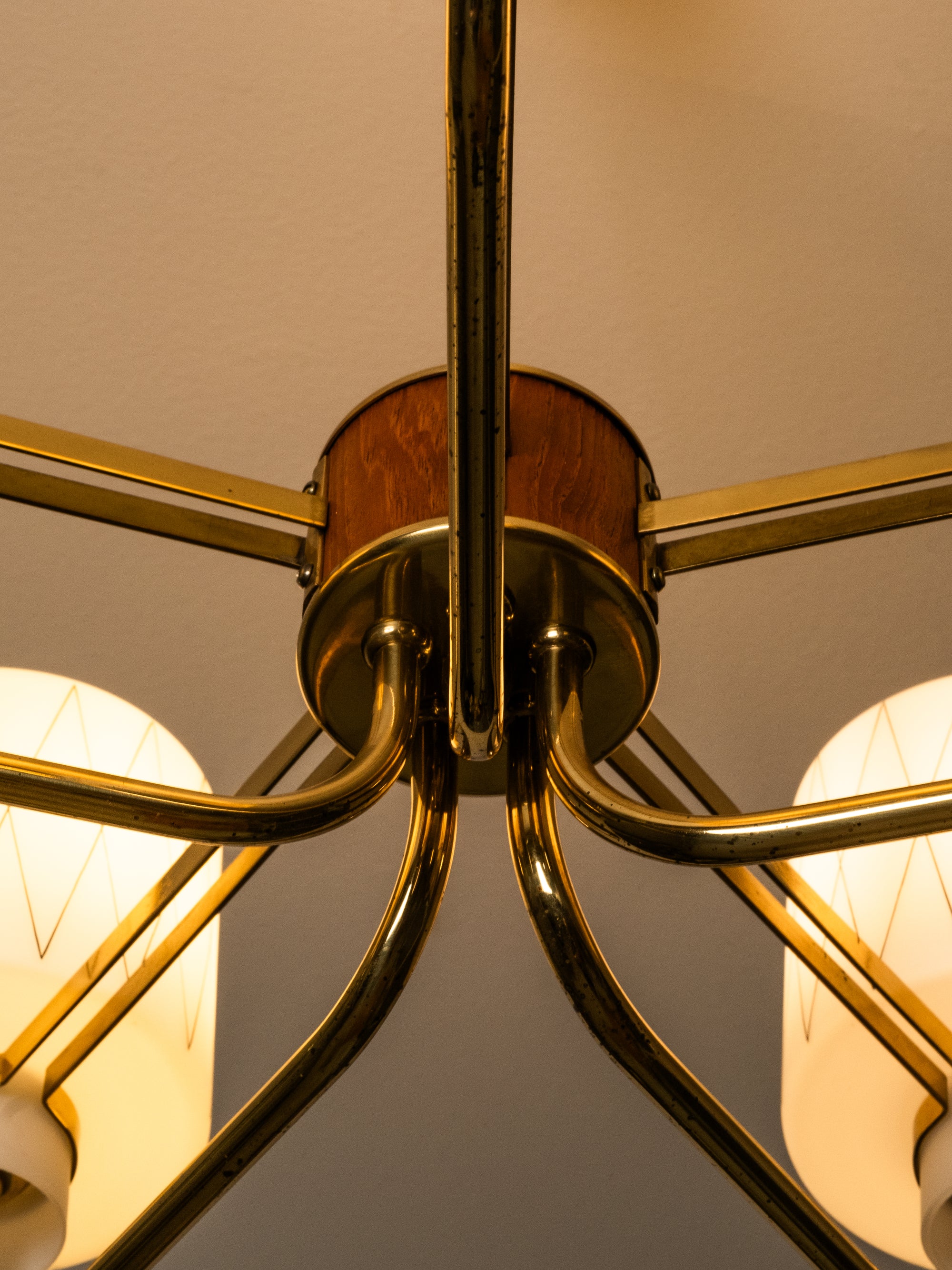 Brass, Teak and Opaline Glass with Diamond Pattern Chandelier, Finland, 1950s