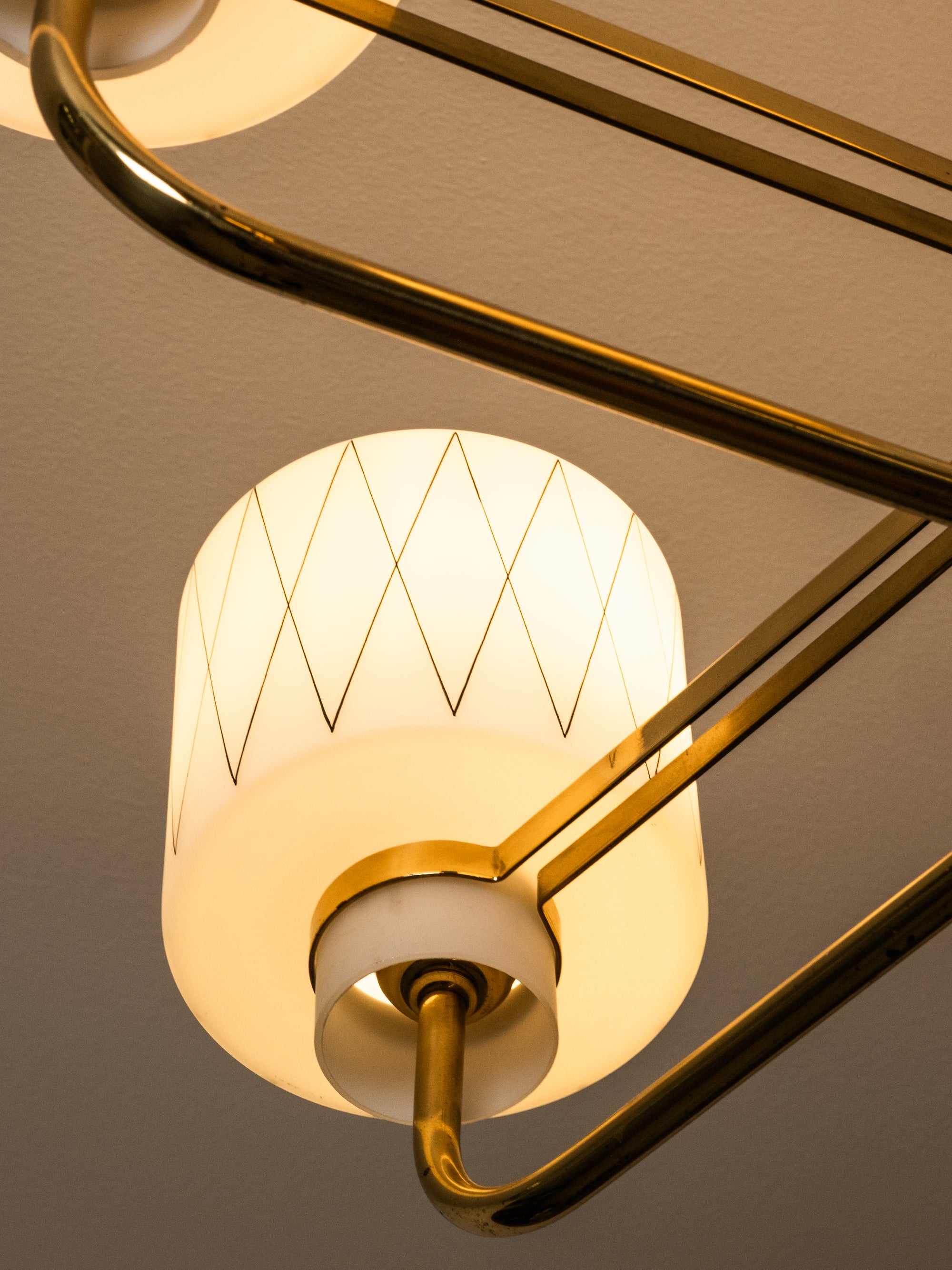 Brass, Teak and Opaline Glass with Diamond Pattern Chandelier, Finland, 1950s