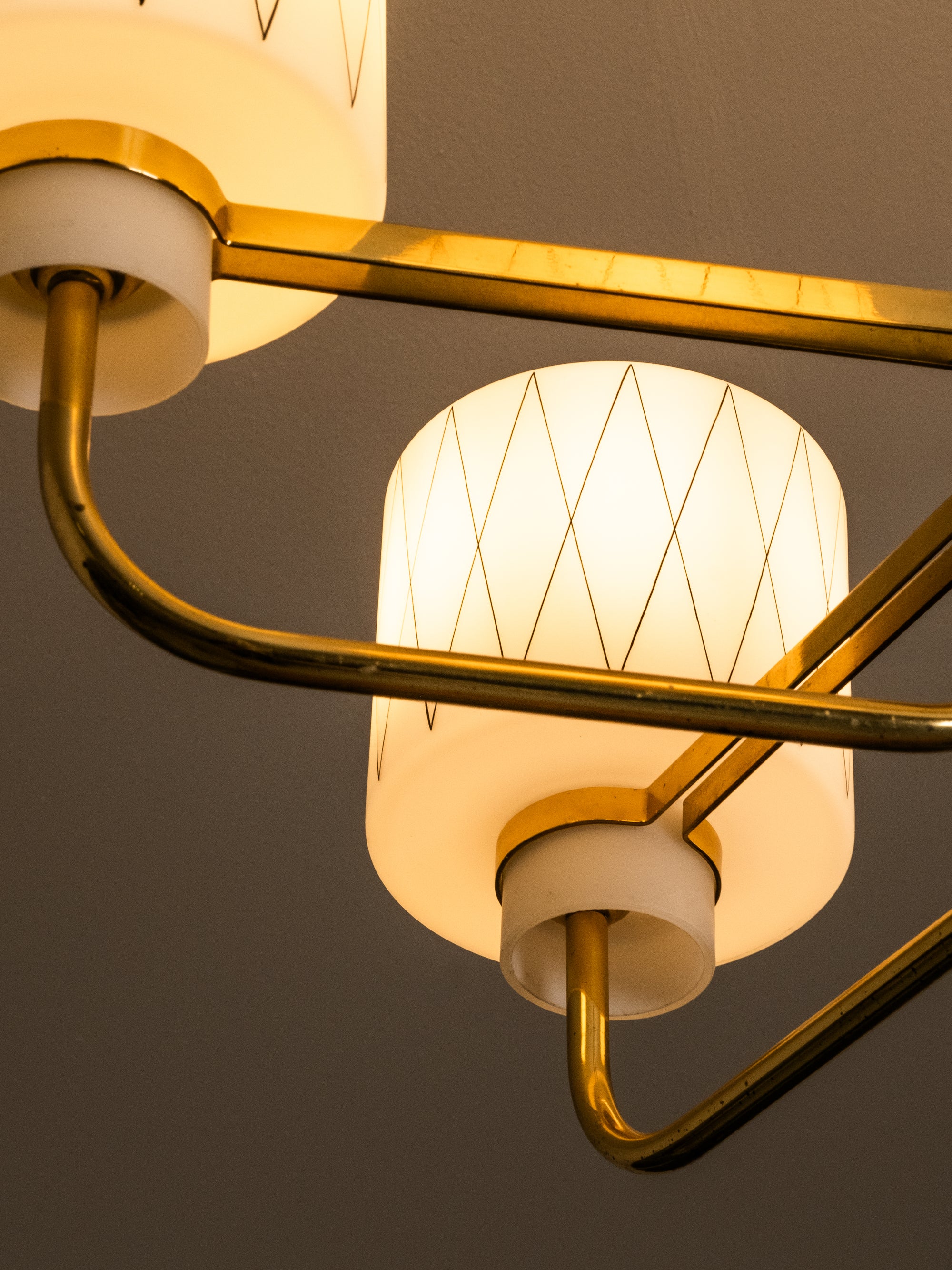 Brass, Teak and Opaline Glass with Diamond Pattern Chandelier, Finland, 1950s