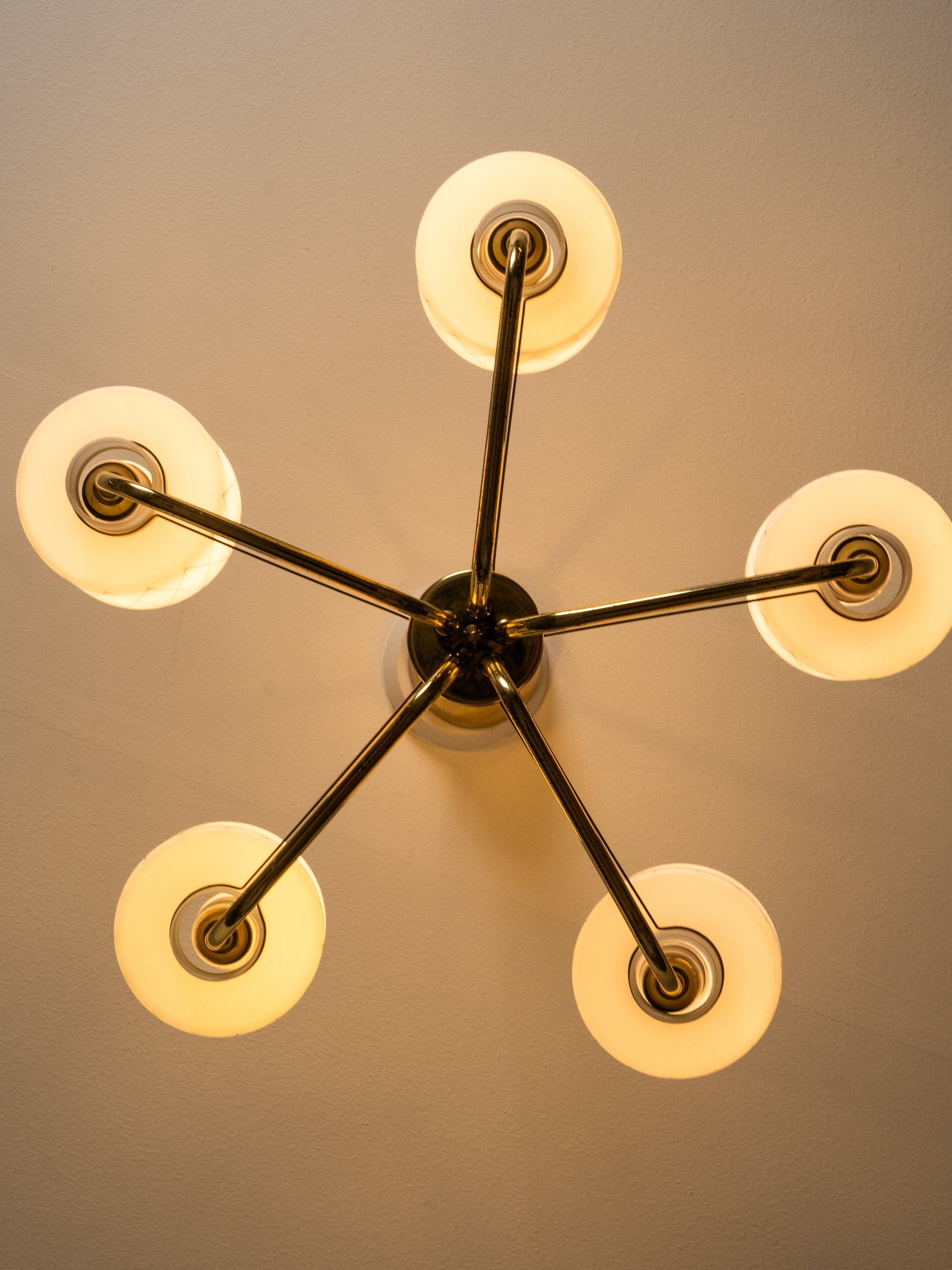 Brass, Teak and Opaline Glass with Diamond Pattern Chandelier, Finland, 1950s