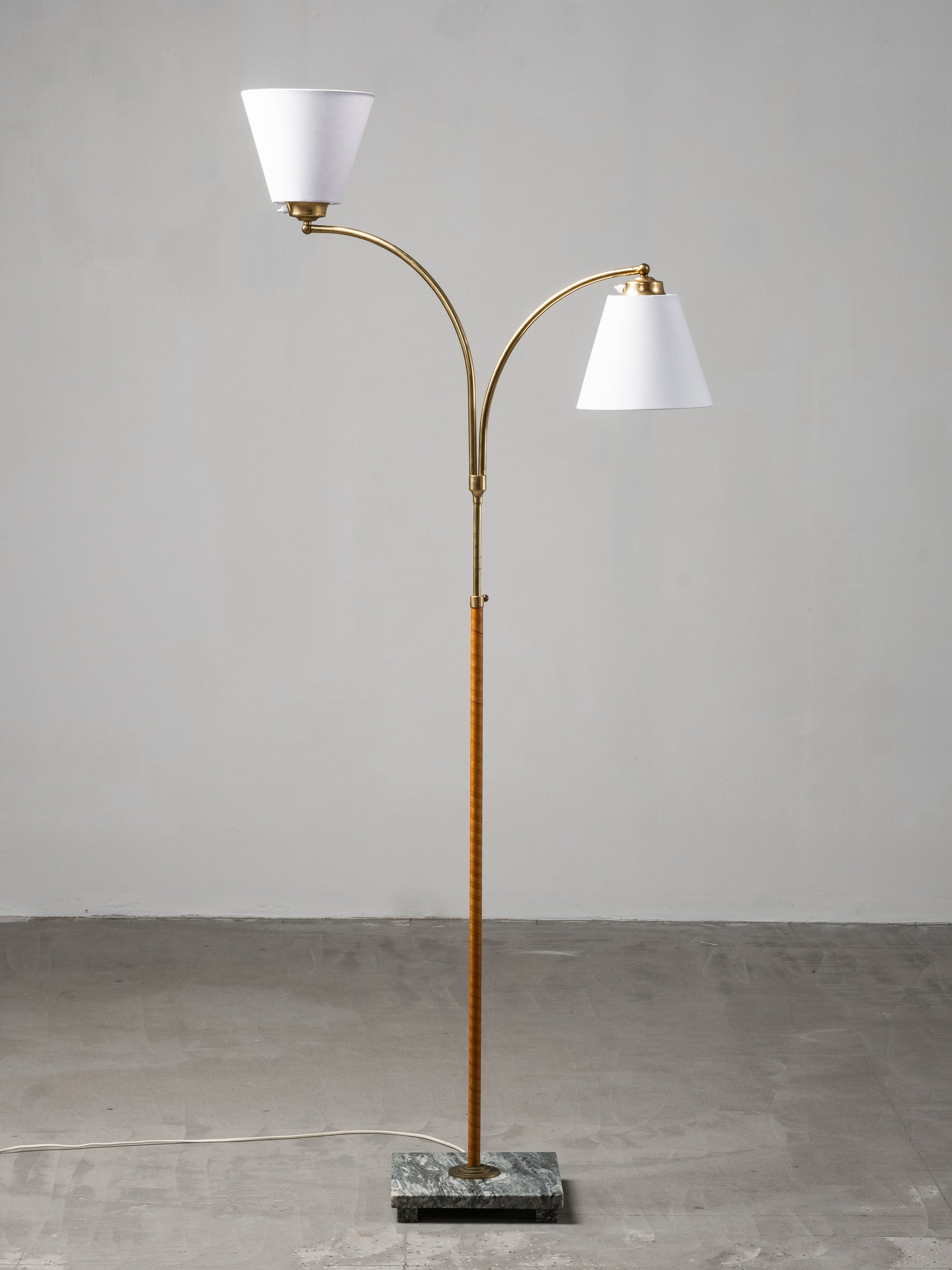 Swedish Designer, Floor Lamp in Brass, Birch and Blue-Grey Marble Base, 1940s