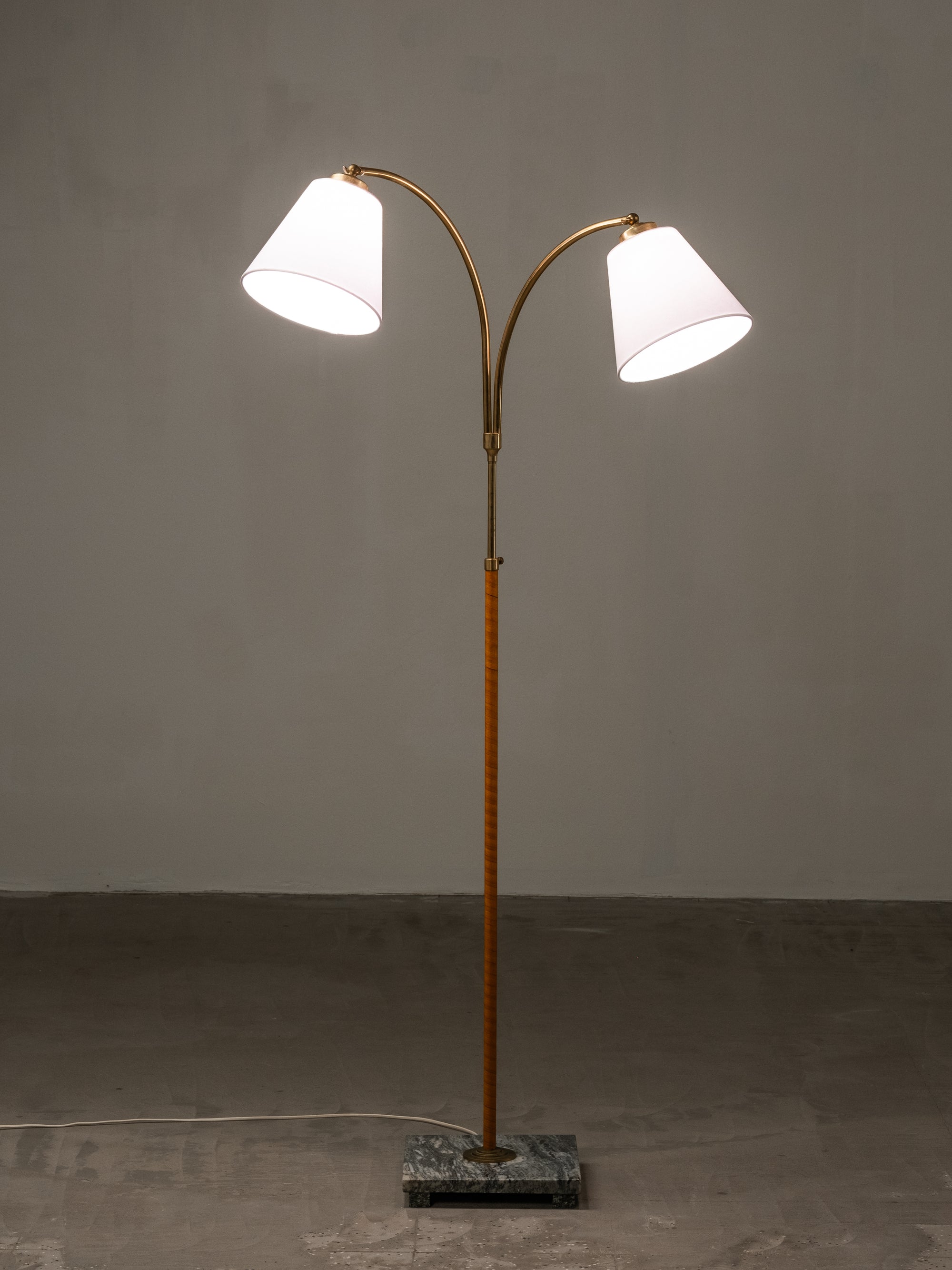 Swedish Designer, Floor Lamp in Brass, Birch and Blue-Grey Marble Base, 1940s