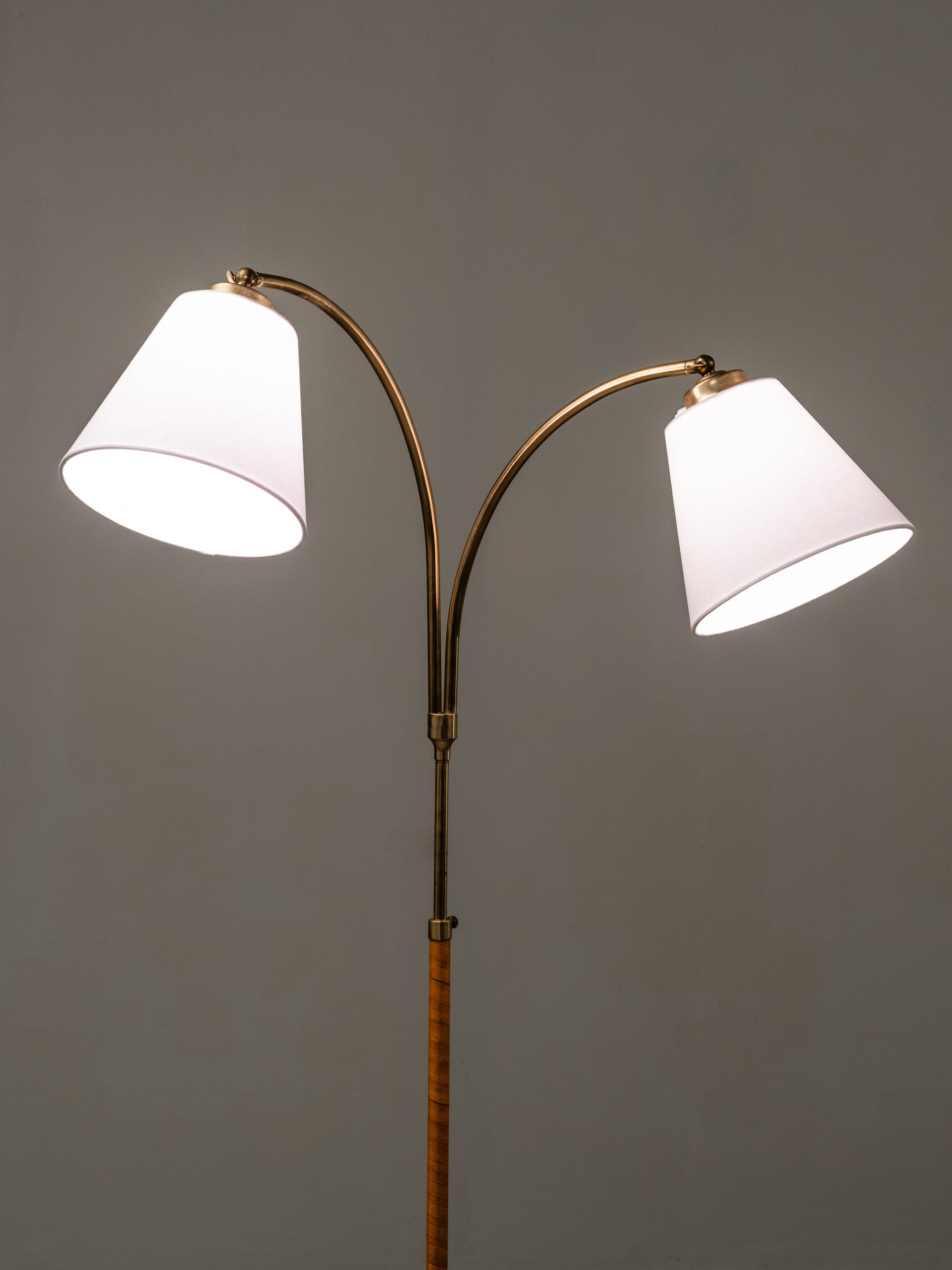 Swedish Designer, Floor Lamp in Brass, Birch and Blue-Grey Marble Base, 1940s