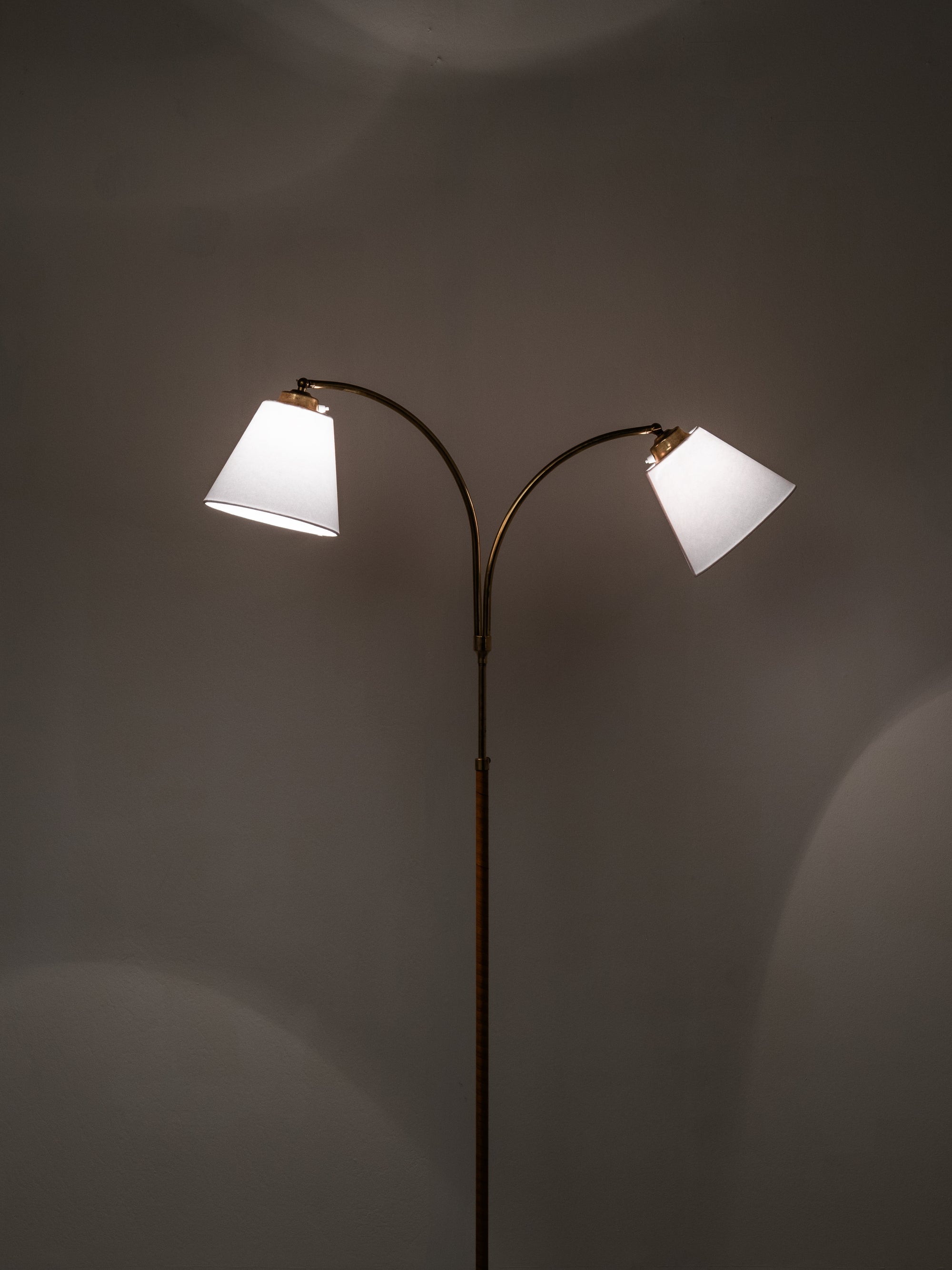 Swedish Designer, Floor Lamp in Brass, Birch and Blue-Grey Marble Base, 1940s