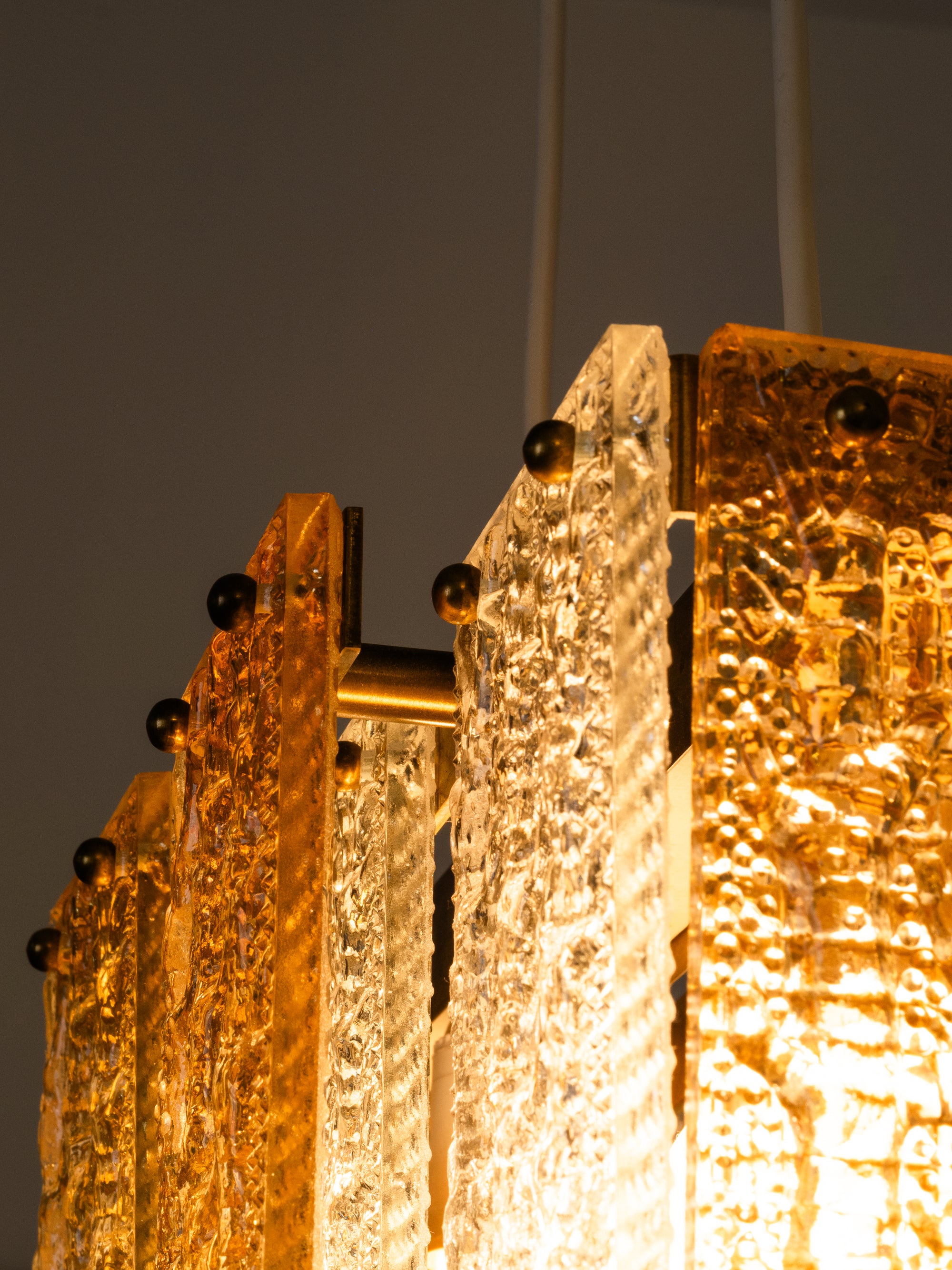 Mid-Century Heavy Cast Glass and Brass Ceiling Pendant, Sweden, 1960s