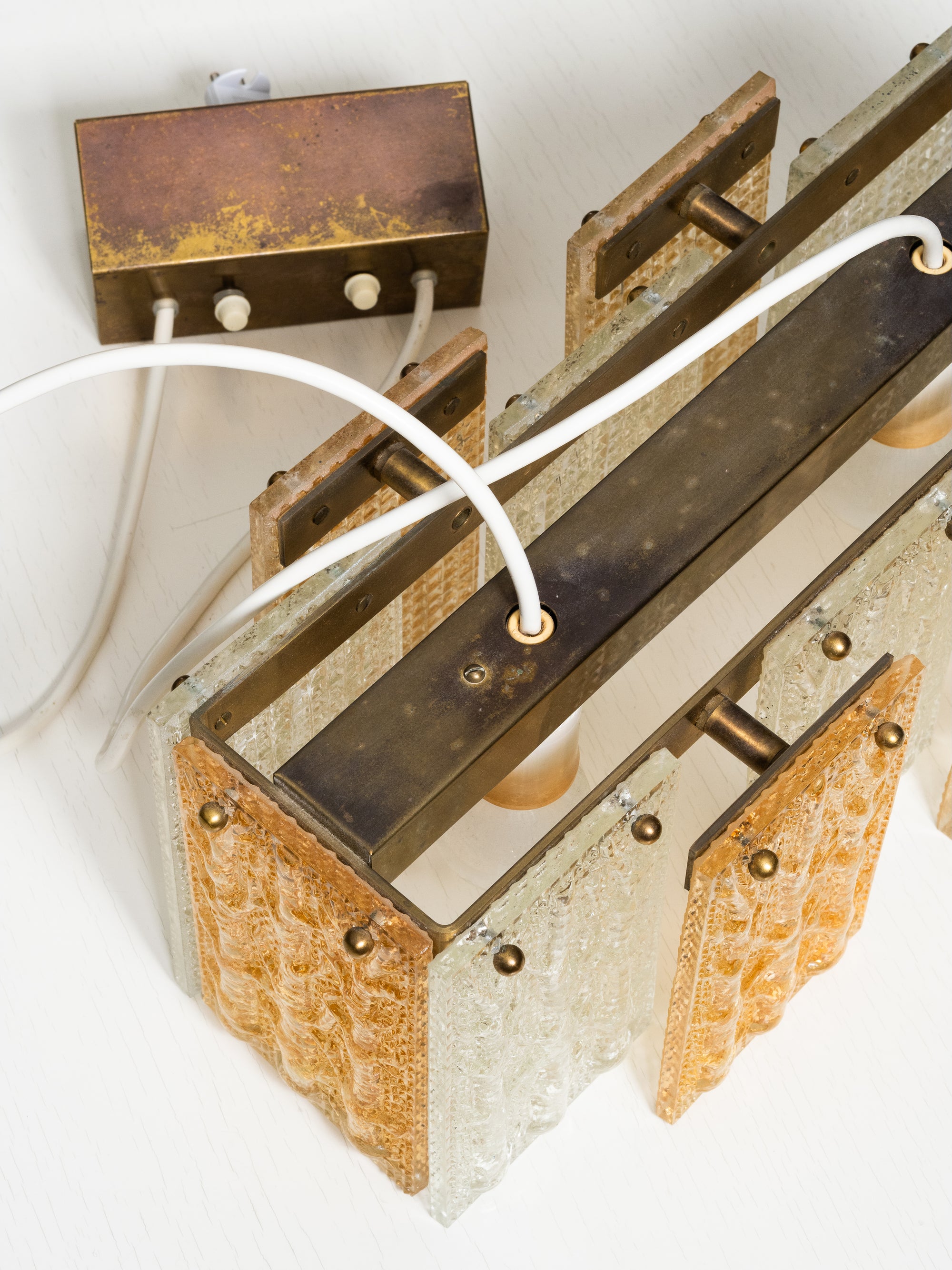 Mid-Century Heavy Cast Glass and Brass Ceiling Pendant, Sweden, 1960s