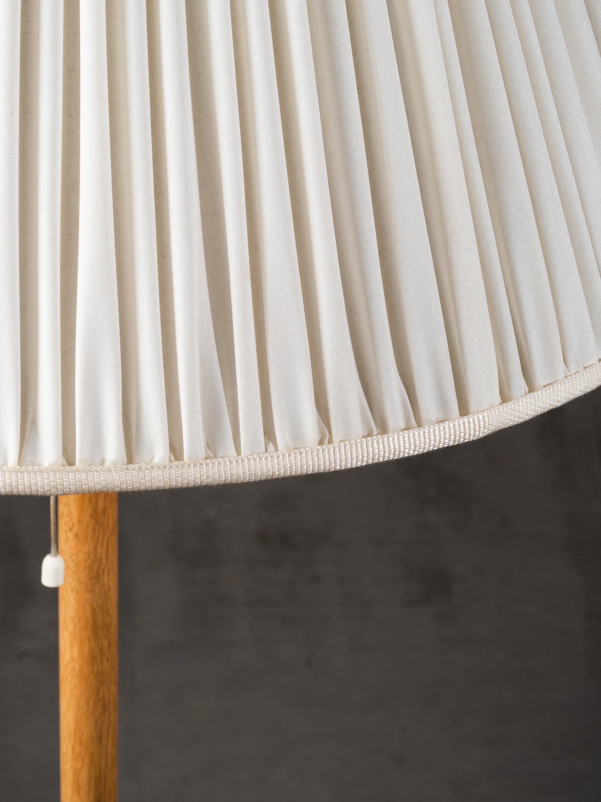 Scandinavian Oak &amp; Brass Floor Lamp with Pleated Silk Shade, 1960s