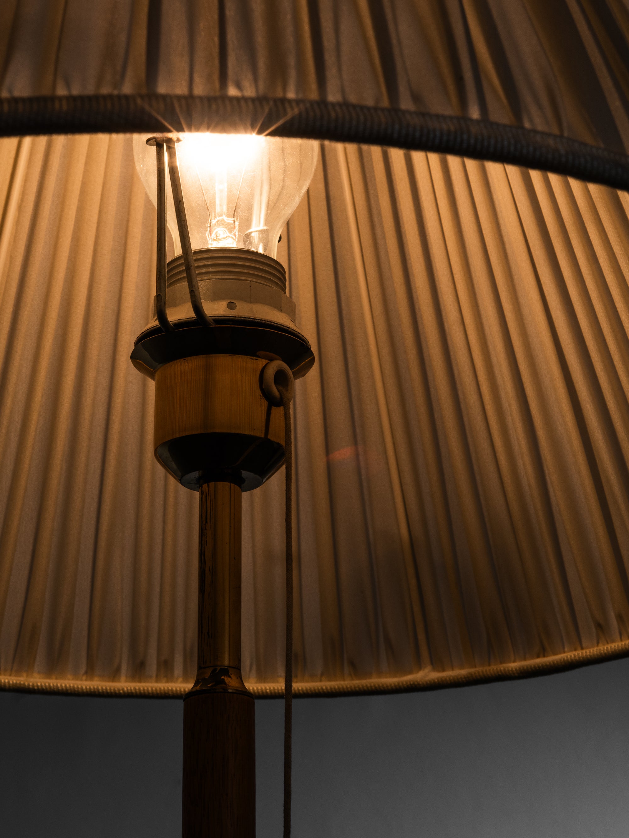 Scandinavian Oak &amp; Brass Floor Lamp with Pleated Silk Shade, 1960s