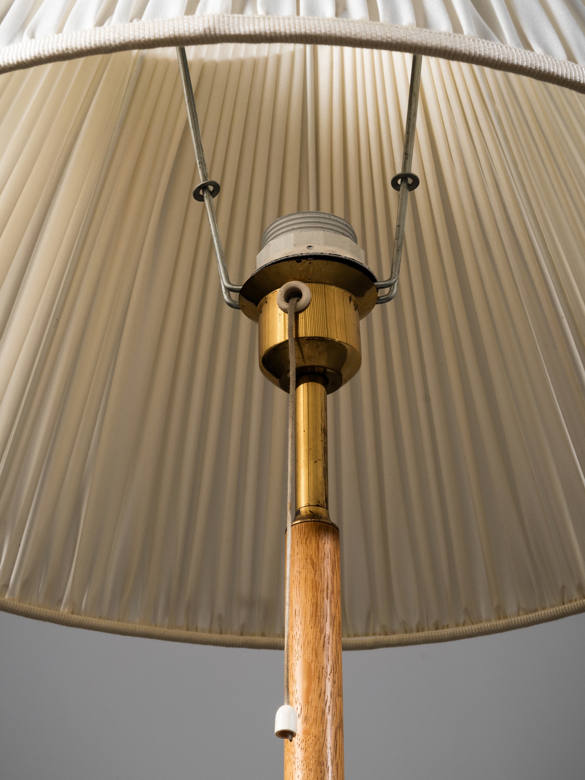 Scandinavian Oak &amp; Brass Floor Lamp with Pleated Silk Shade, 1960s