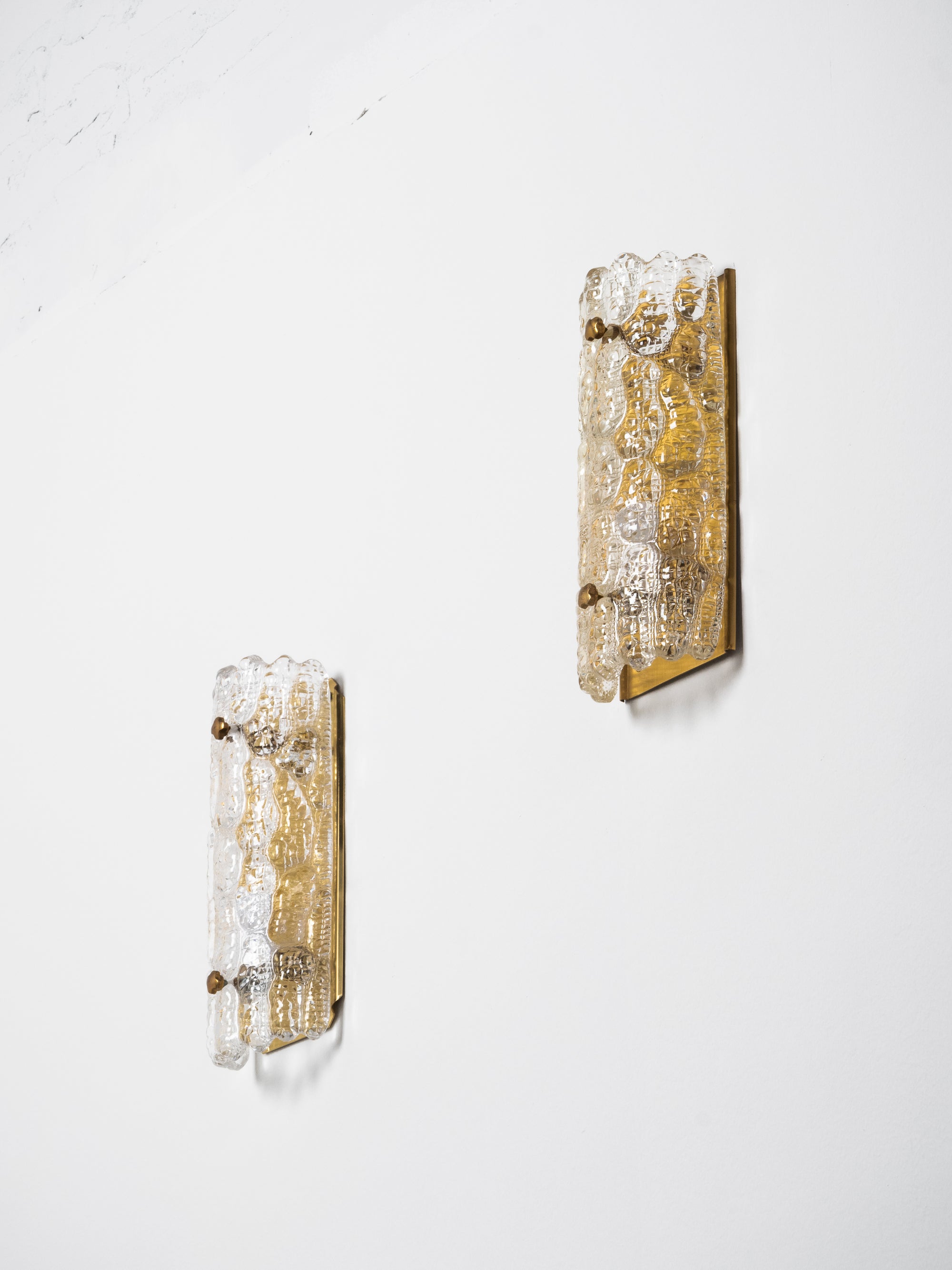 Pair of Glass and Brass Wall Lights by Carl Fagerlund, Orrefors, Sweden, 1970s