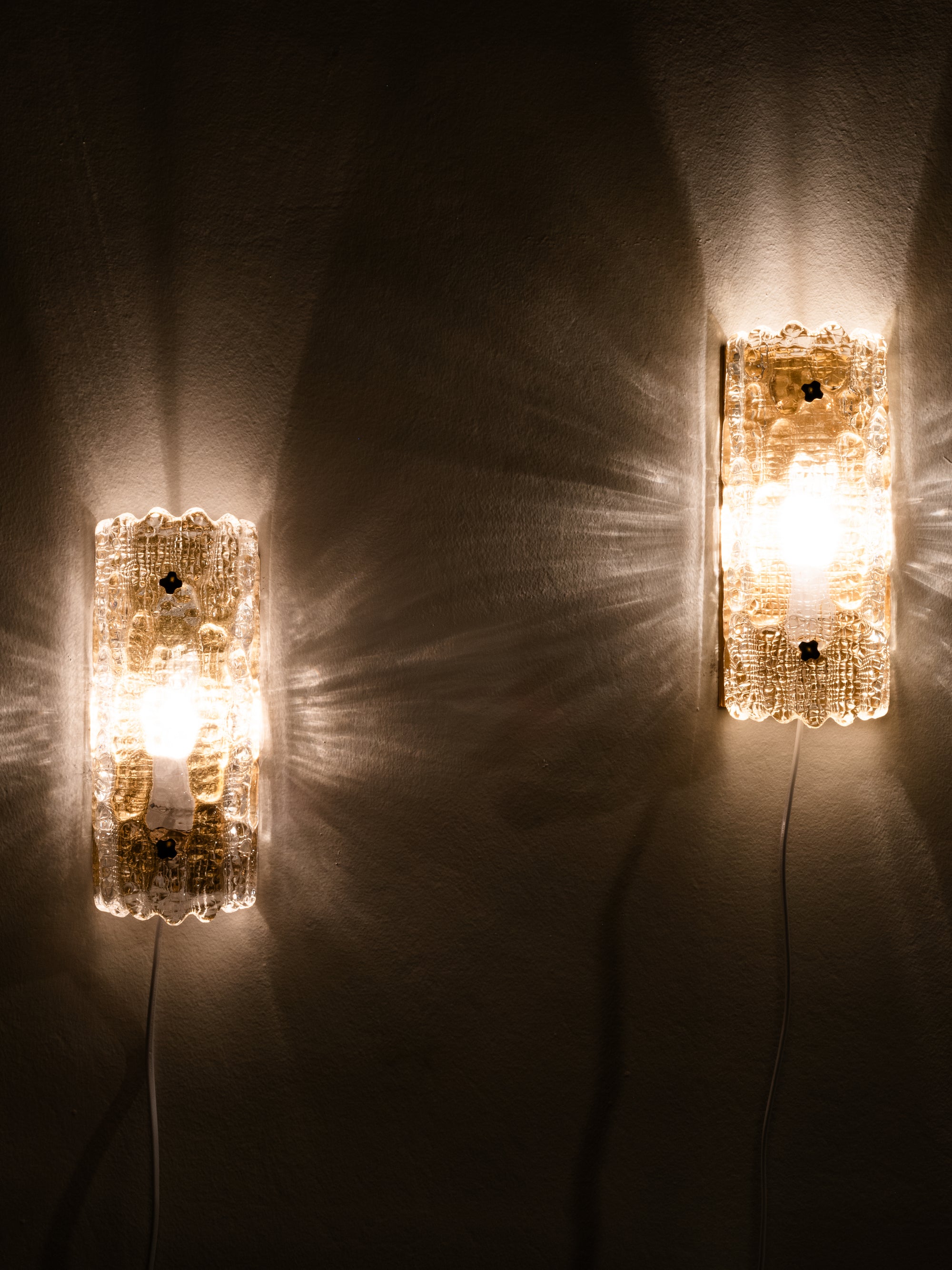 Pair of Glass and Brass Wall Lights by Carl Fagerlund, Orrefors, Sweden, 1970s