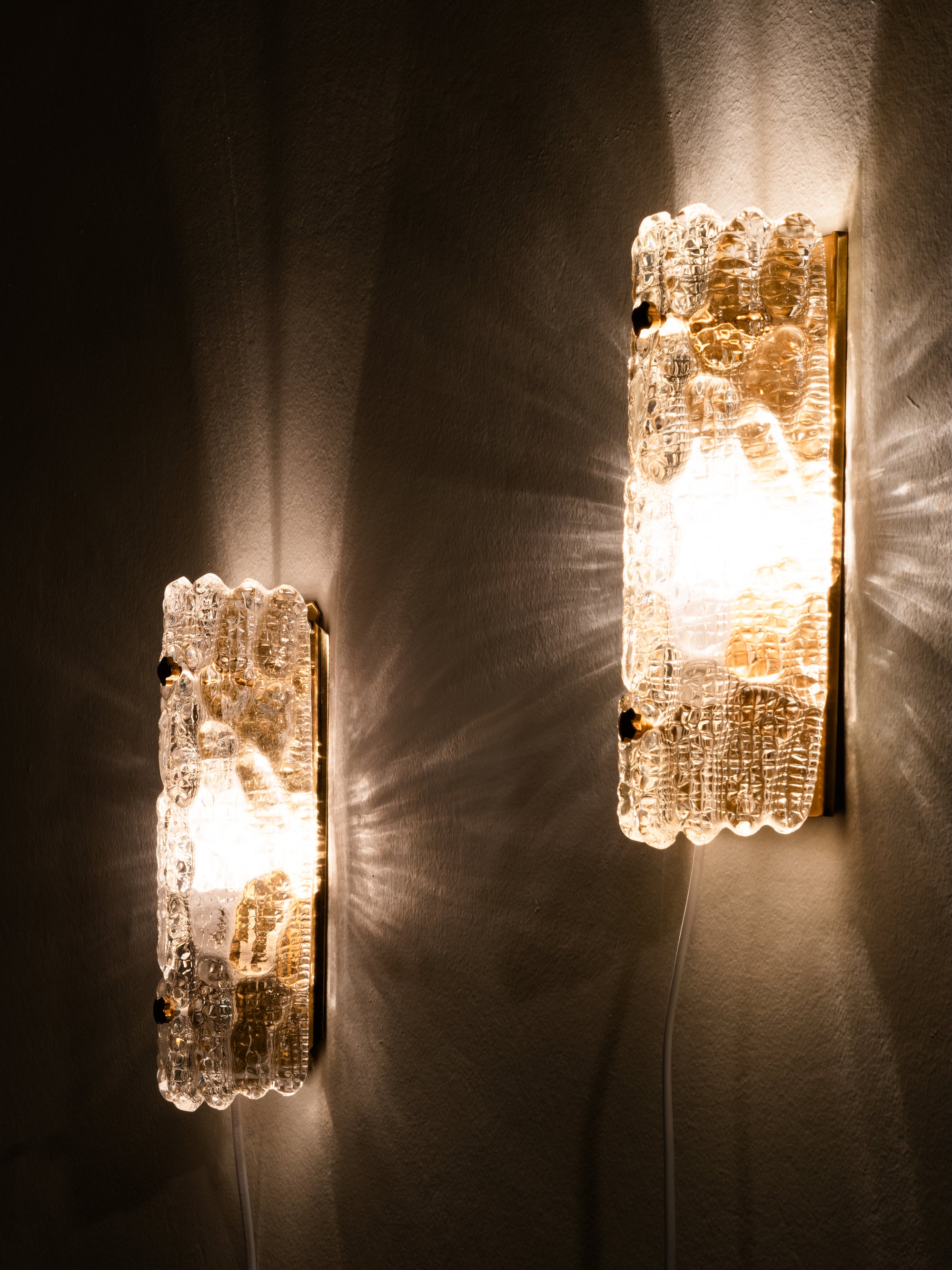 Pair of Glass and Brass Wall Lights by Carl Fagerlund, Orrefors, Sweden, 1970s