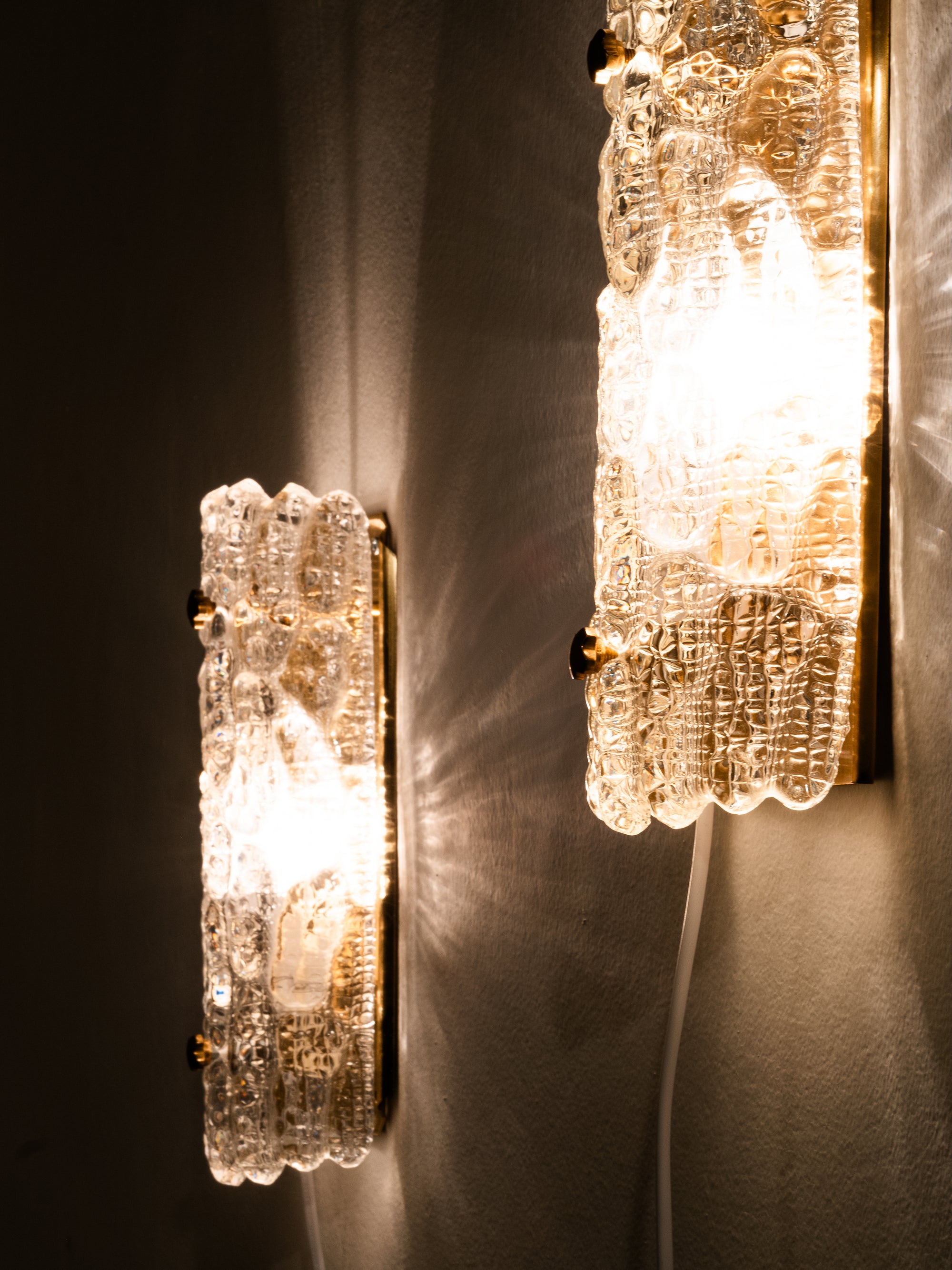 Pair of Glass and Brass Wall Lights by Carl Fagerlund, Orrefors, Sweden, 1970s