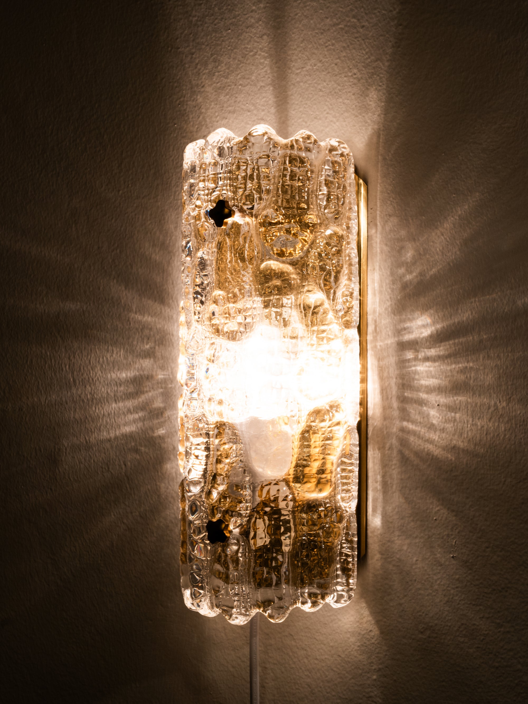 Pair of Glass and Brass Wall Lights by Carl Fagerlund, Orrefors, Sweden, 1970s