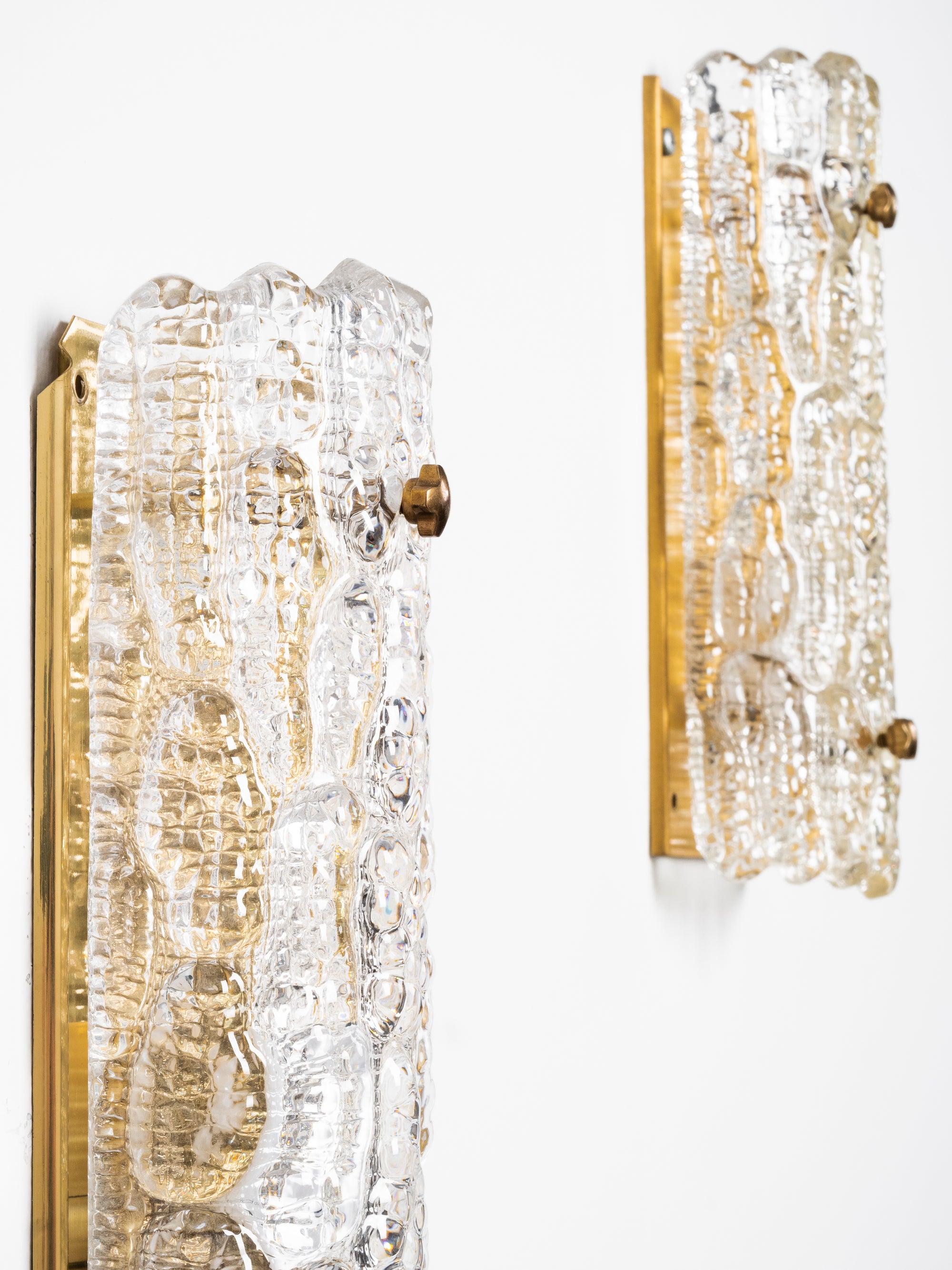 Pair of Glass and Brass Wall Lights by Carl Fagerlund, Orrefors, Sweden, 1970s