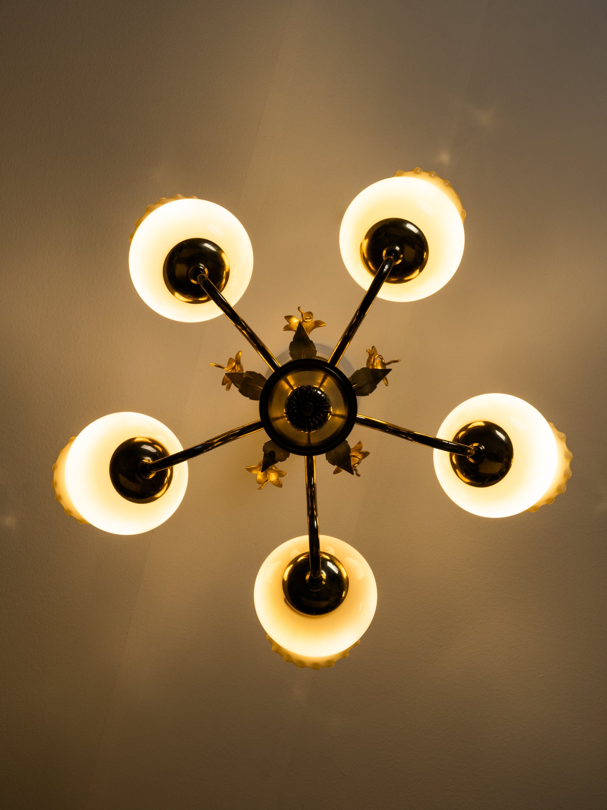 Brass and Glass Chandelier with Floral Details by Sievä, Finland, 1950s