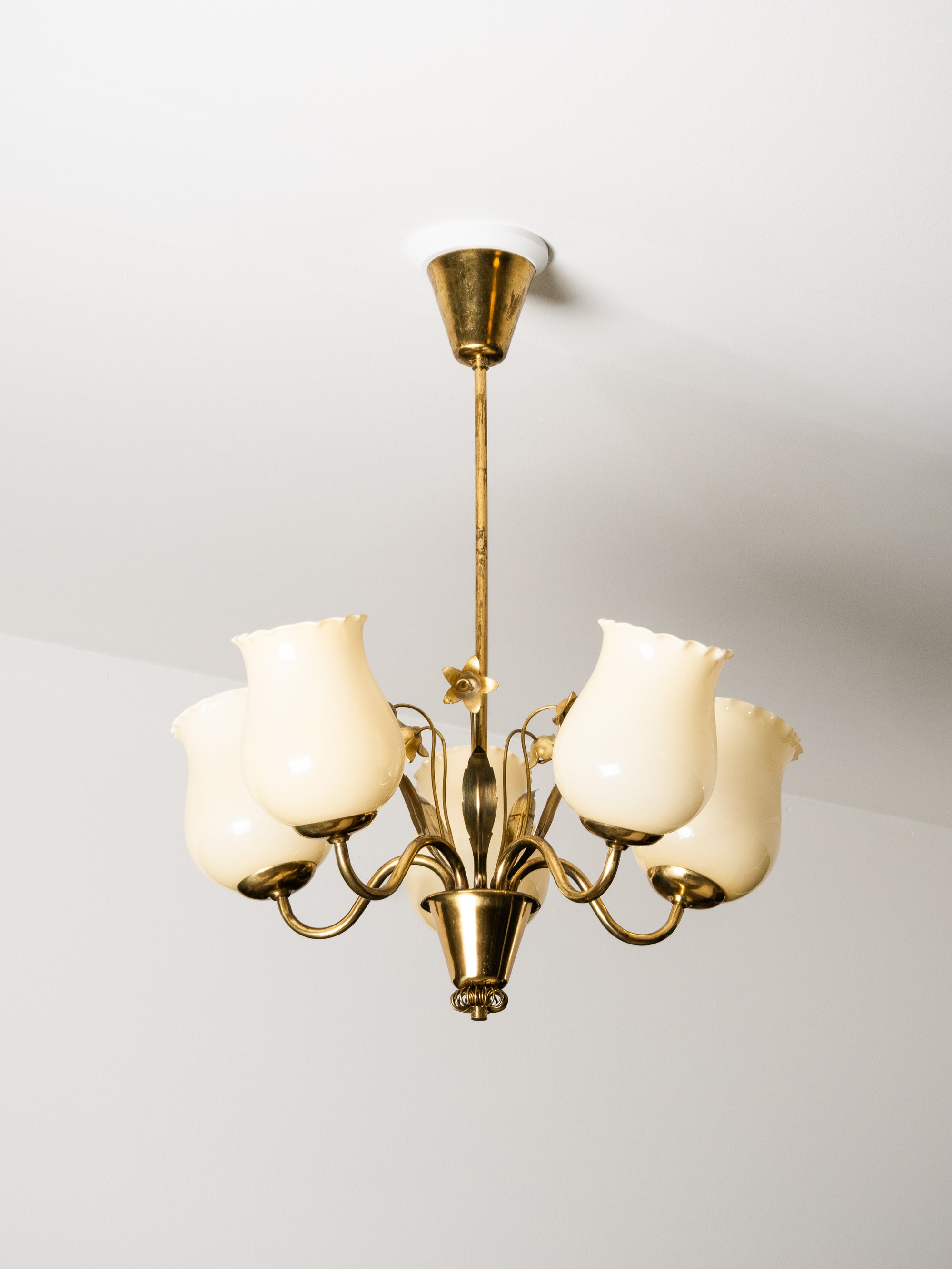 Brass and Glass Chandelier with Floral Details by Sievä, Finland, 1950s