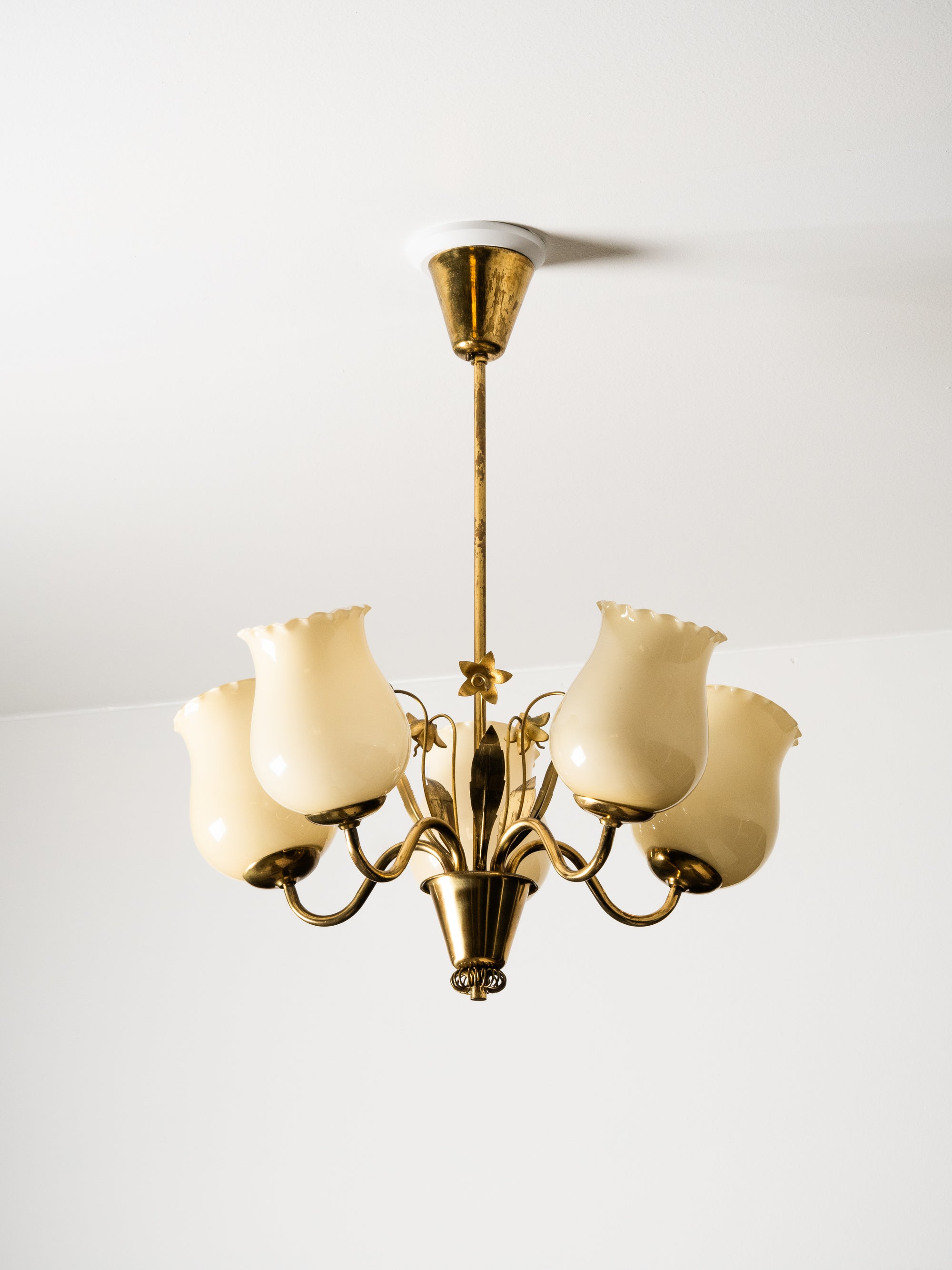 Brass and Glass Chandelier with Floral Details by Sievä, Finland, 1950s