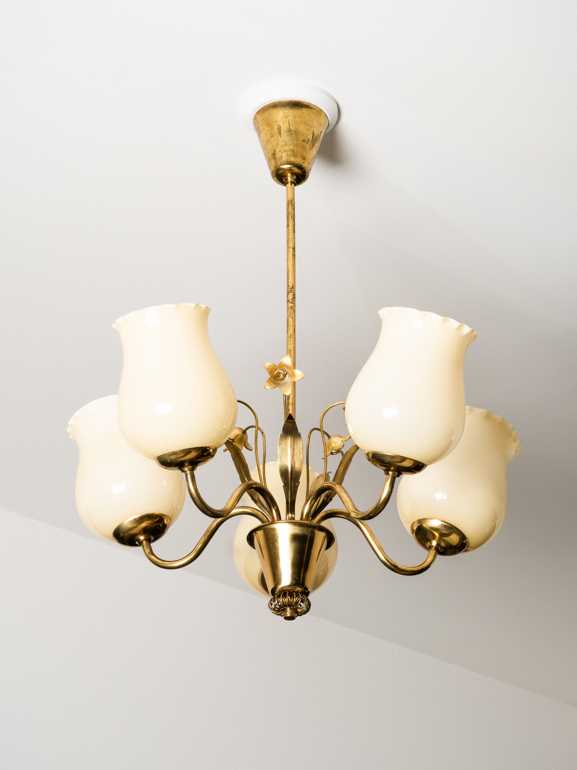 Brass and Glass Chandelier with Floral Details by Sievä, Finland, 1950s