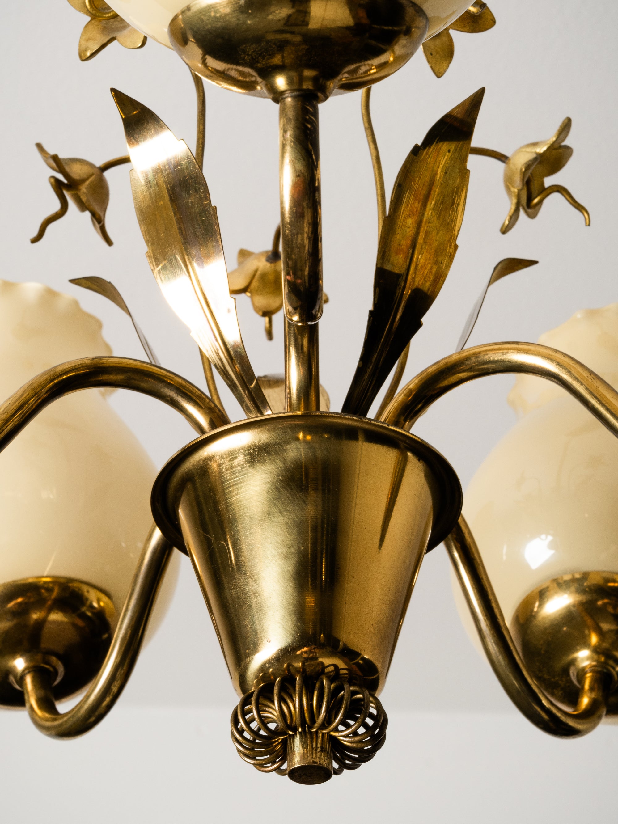 Brass and Glass Chandelier with Floral Details by Sievä, Finland, 1950s