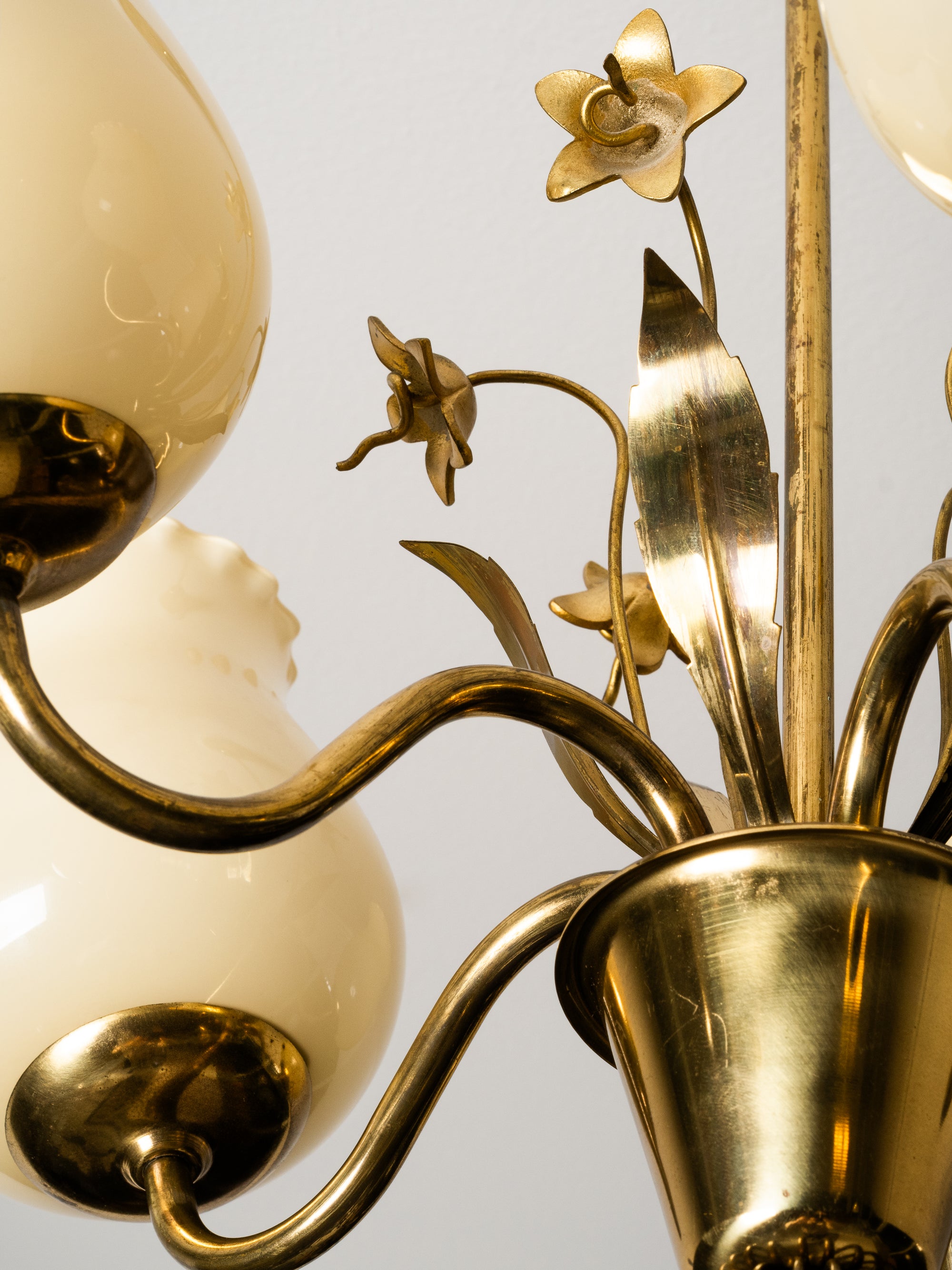 Brass and Glass Chandelier with Floral Details by Sievä, Finland, 1950s