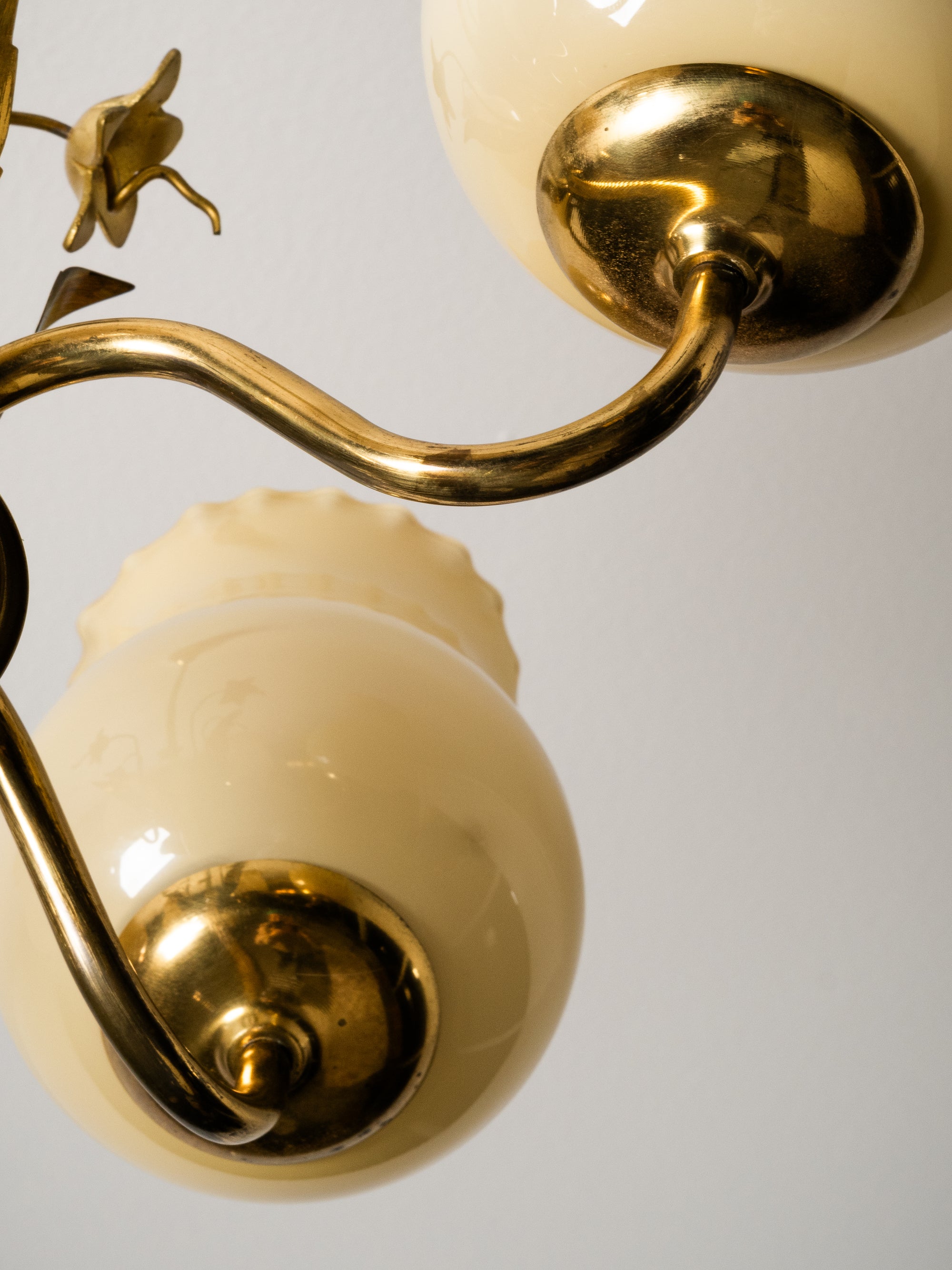 Brass and Glass Chandelier with Floral Details by Sievä, Finland, 1950s