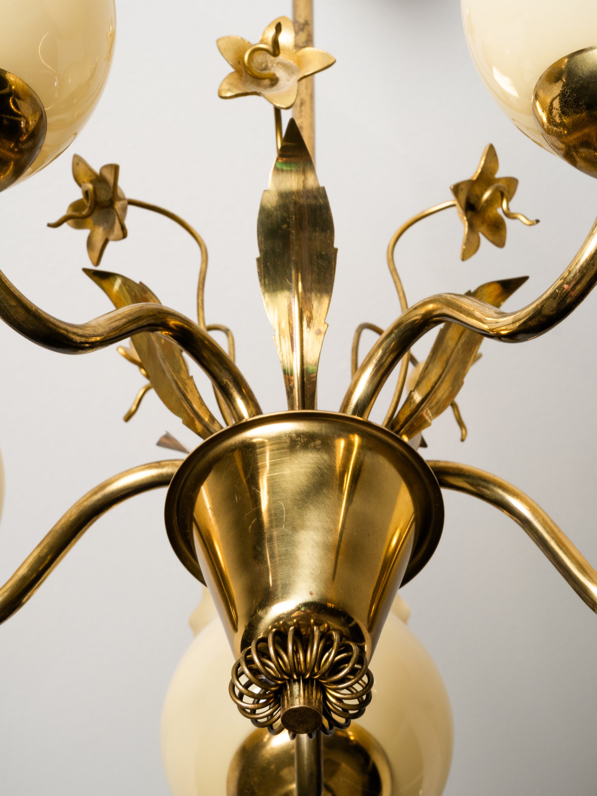 Brass and Glass Chandelier with Floral Details by Sievä, Finland, 1950s