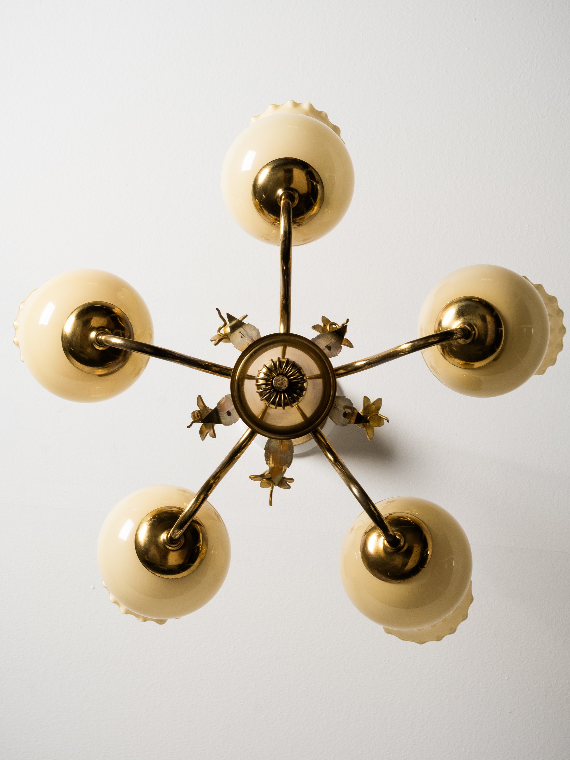 Brass and Glass Chandelier with Floral Details by Sievä, Finland, 1950s