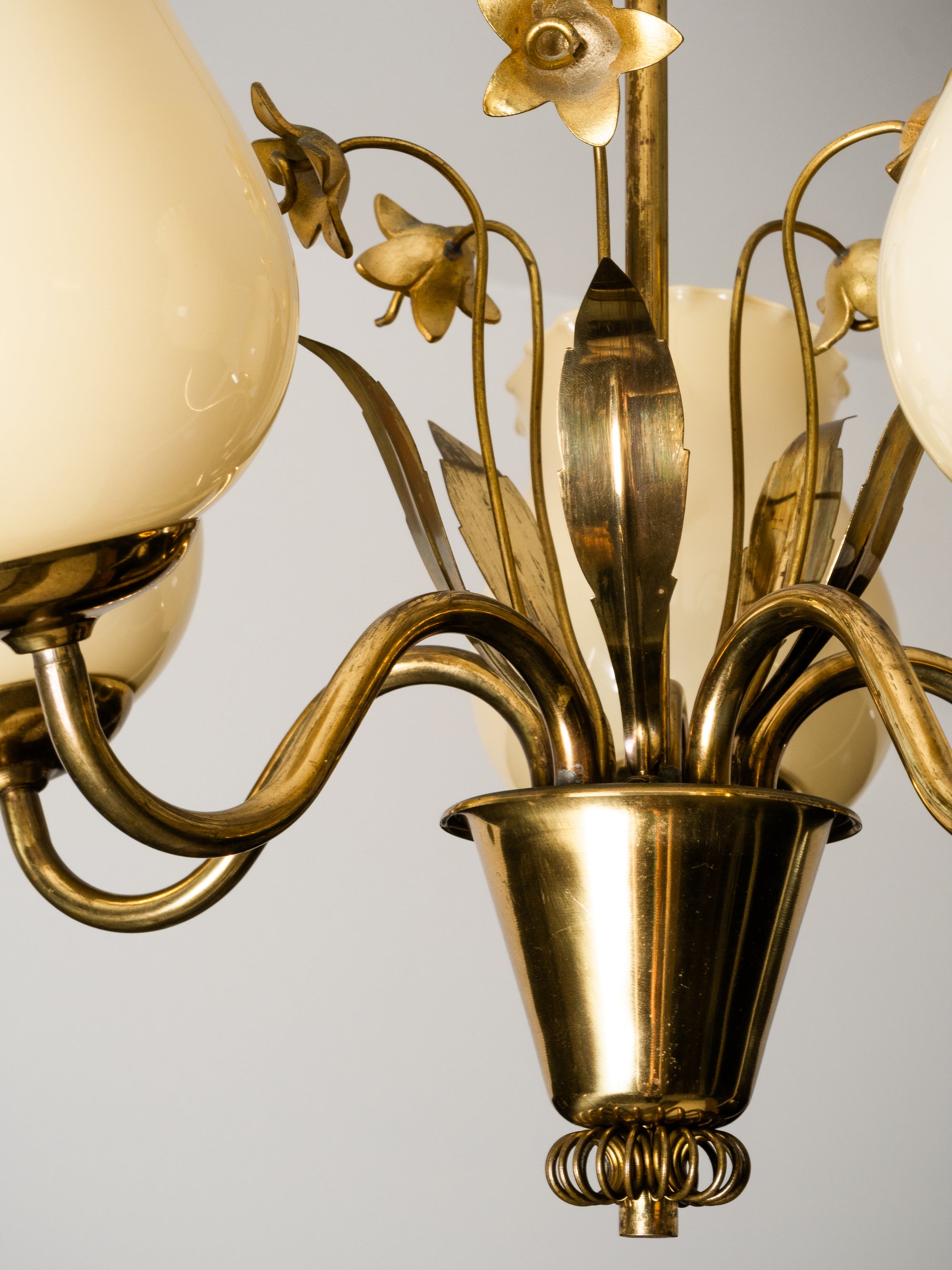 Brass and Glass Chandelier with Floral Details by Sievä, Finland, 1950s