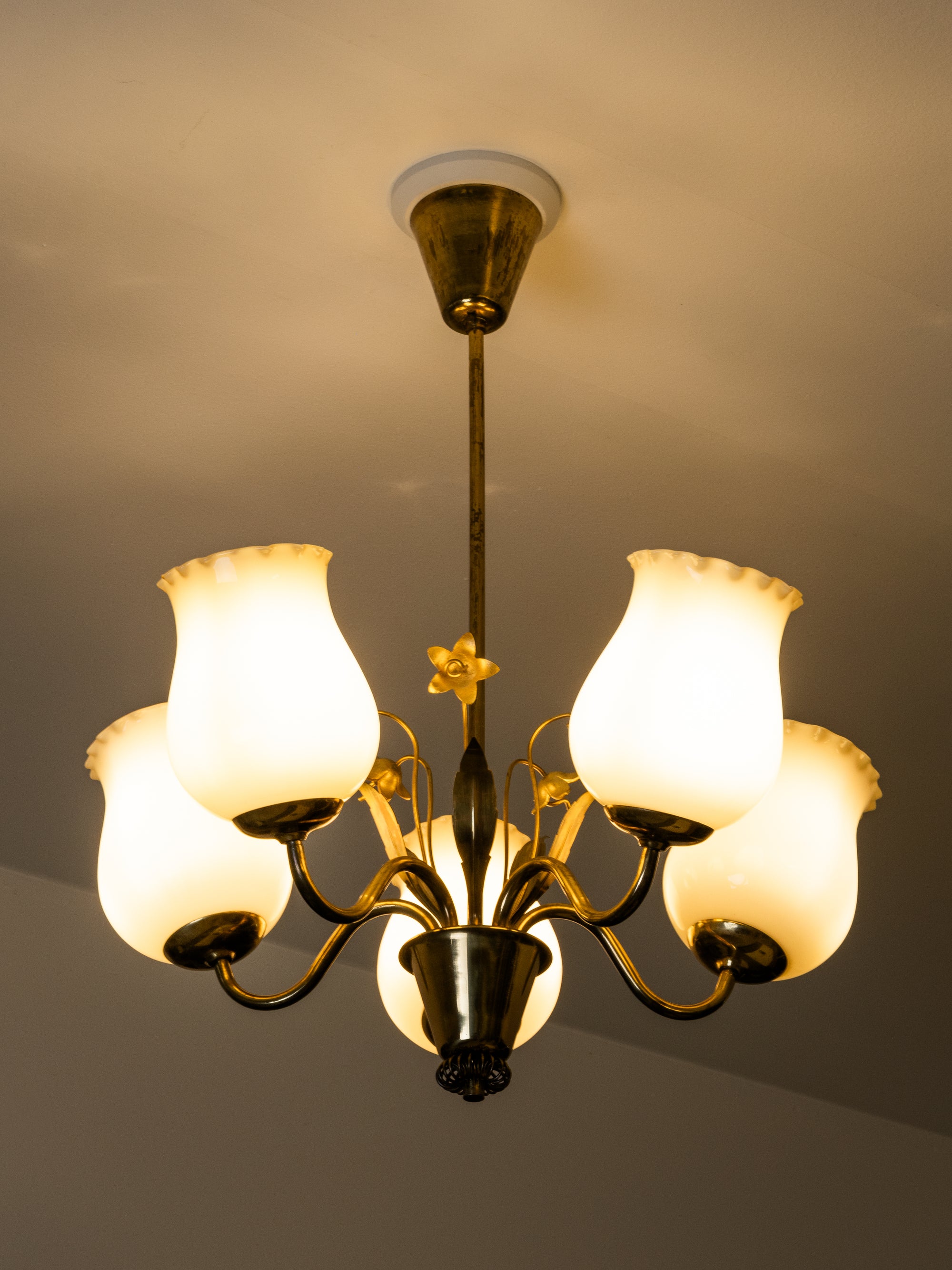 Brass and Glass Chandelier with Floral Details by Sievä, Finland, 1950s