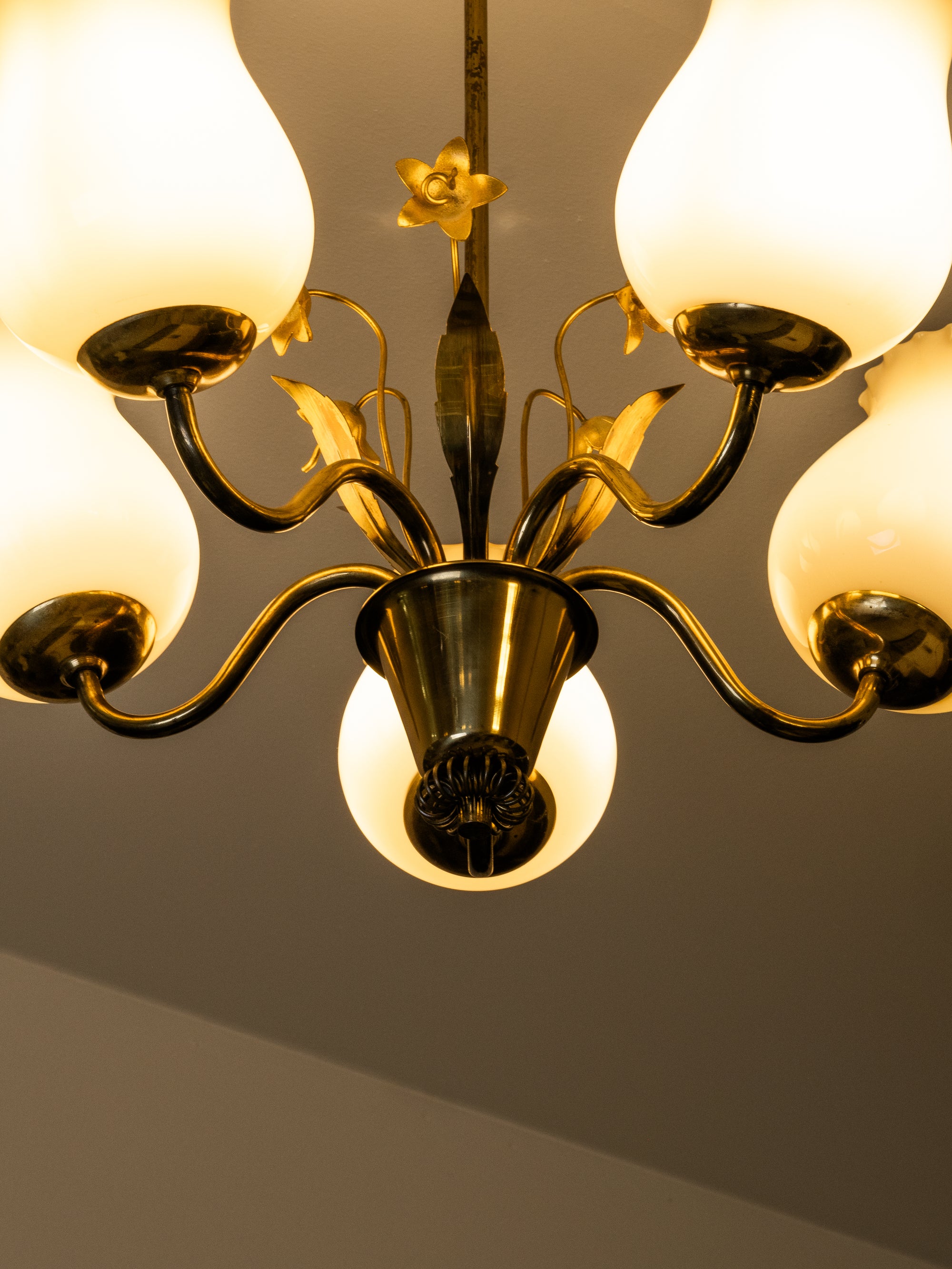 Brass and Glass Chandelier with Floral Details by Sievä, Finland, 1950s