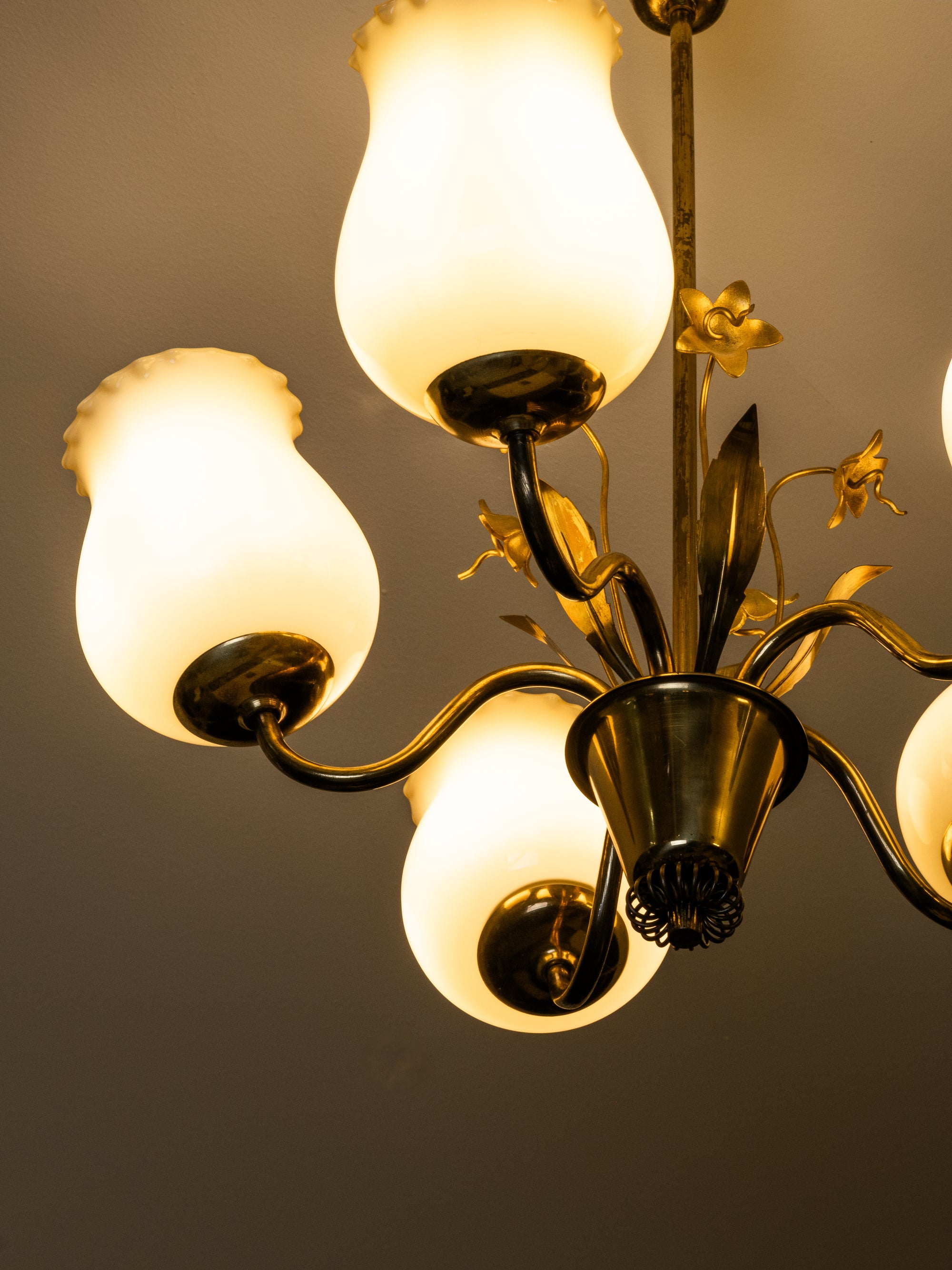 Brass and Glass Chandelier with Floral Details by Sievä, Finland, 1950s
