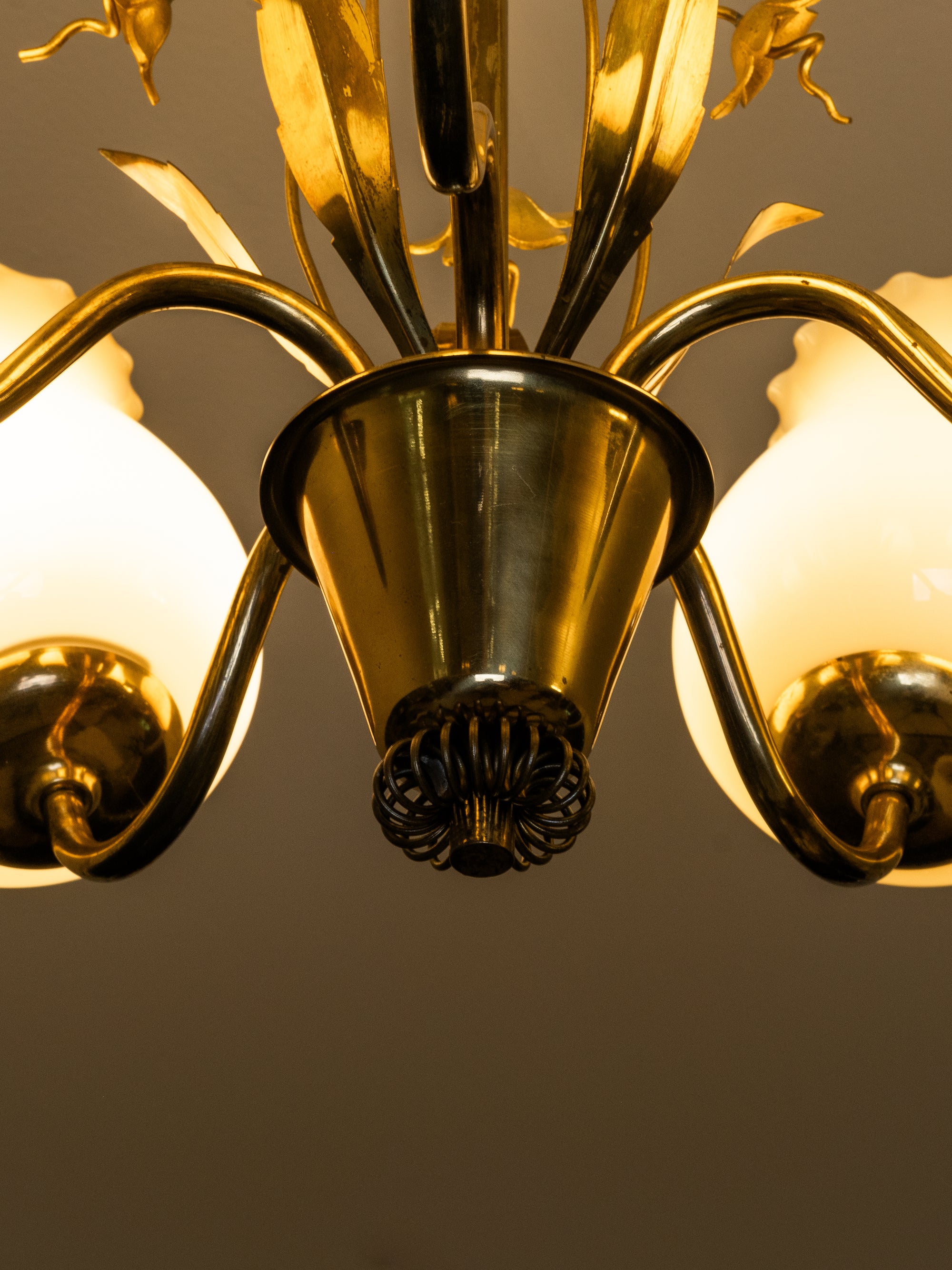 Brass and Glass Chandelier with Floral Details by Sievä, Finland, 1950s
