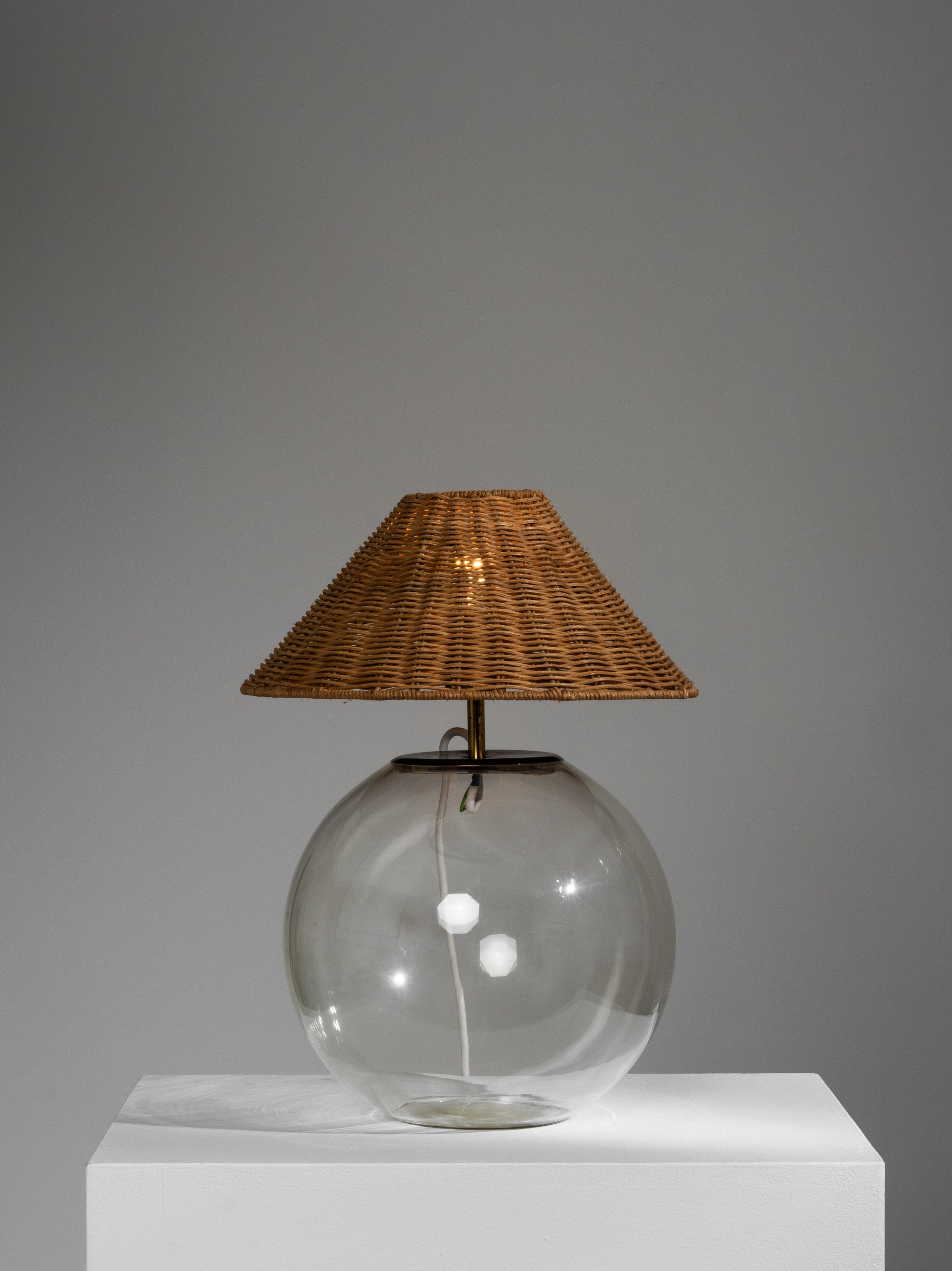 Finnish Mid-Century Glass Table Lamp with Wicker Shade