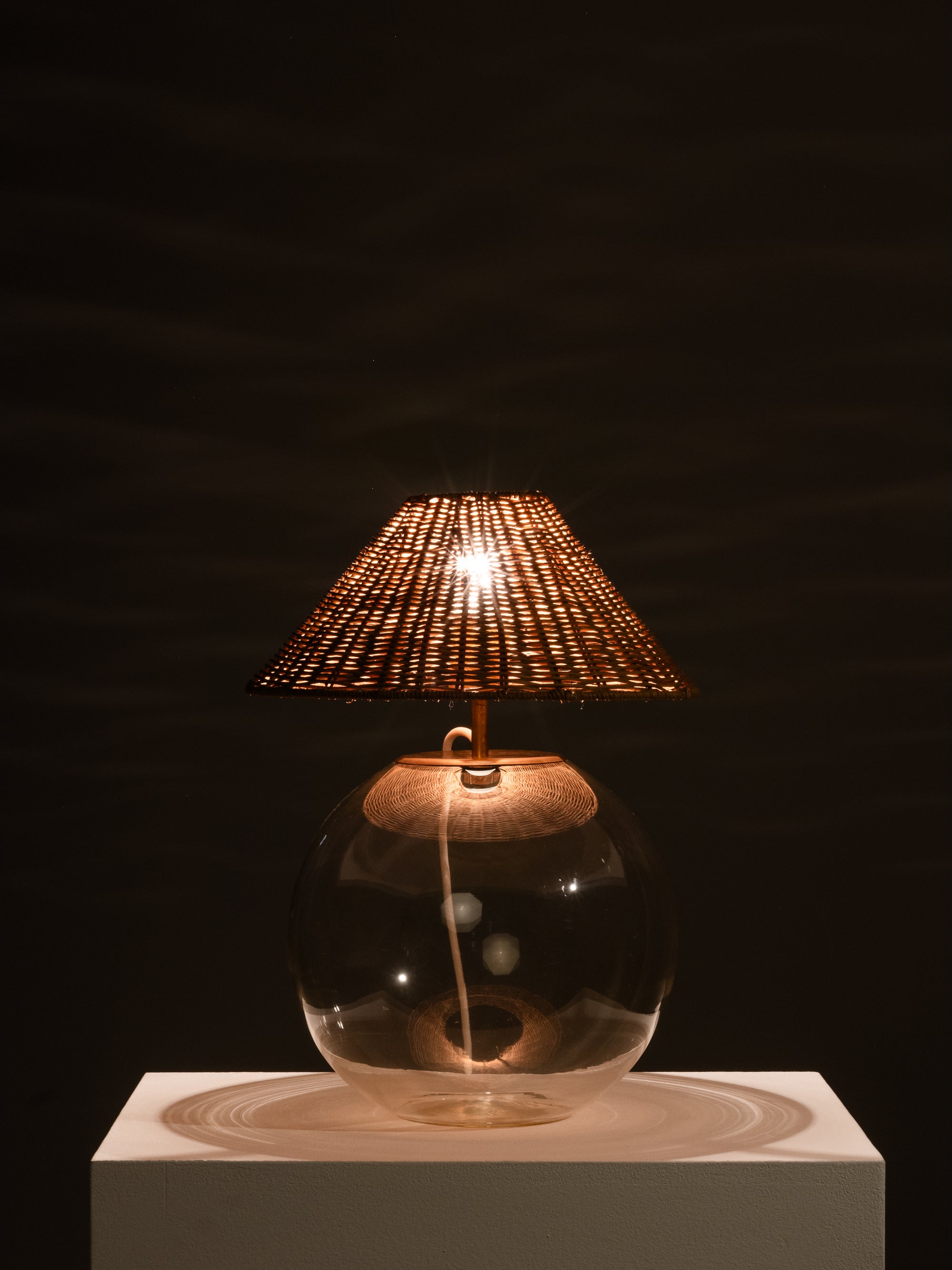 Finnish Mid-Century Glass Table Lamp with Wicker Shade