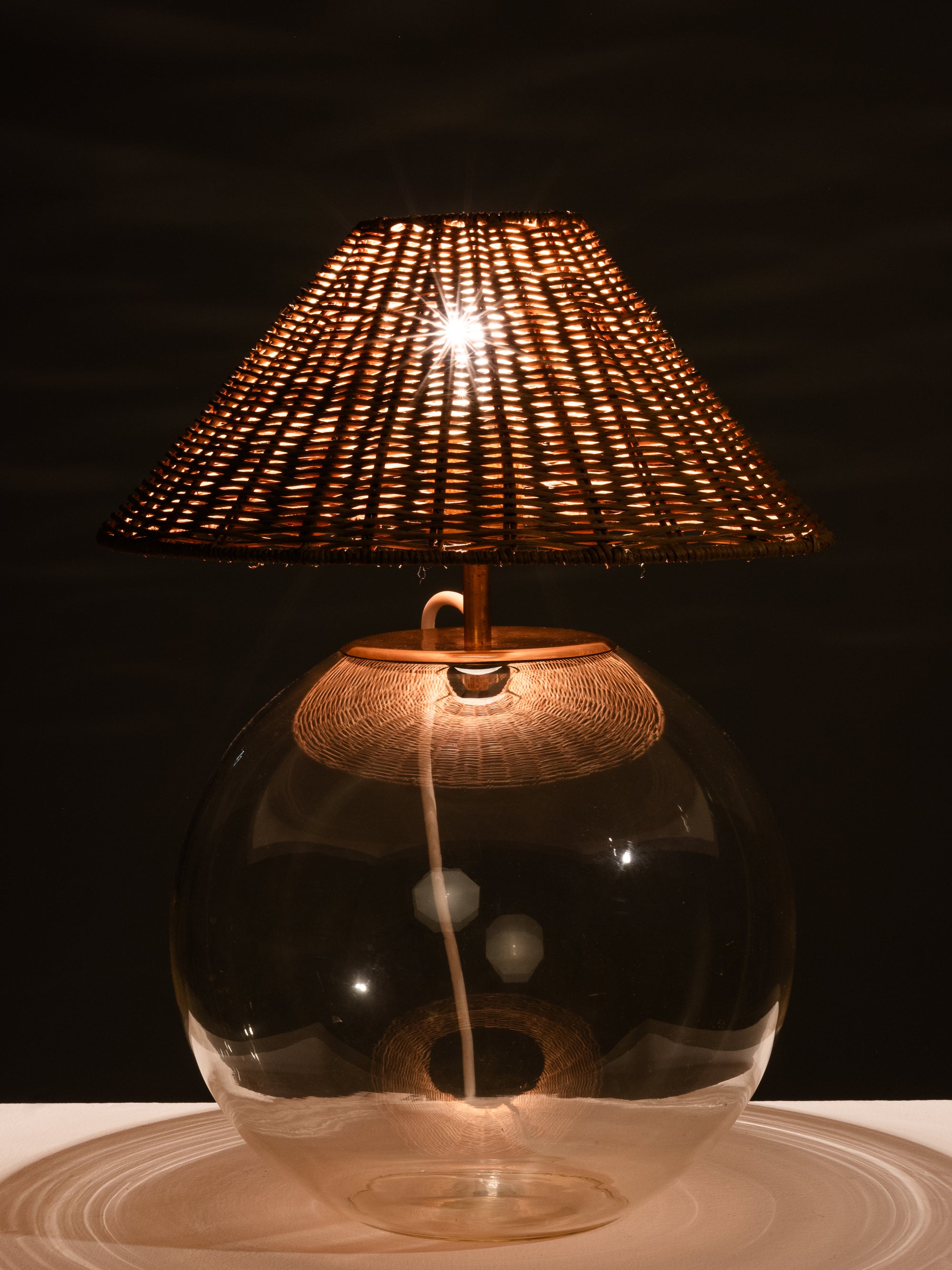 Finnish Mid-Century Glass Table Lamp with Wicker Shade