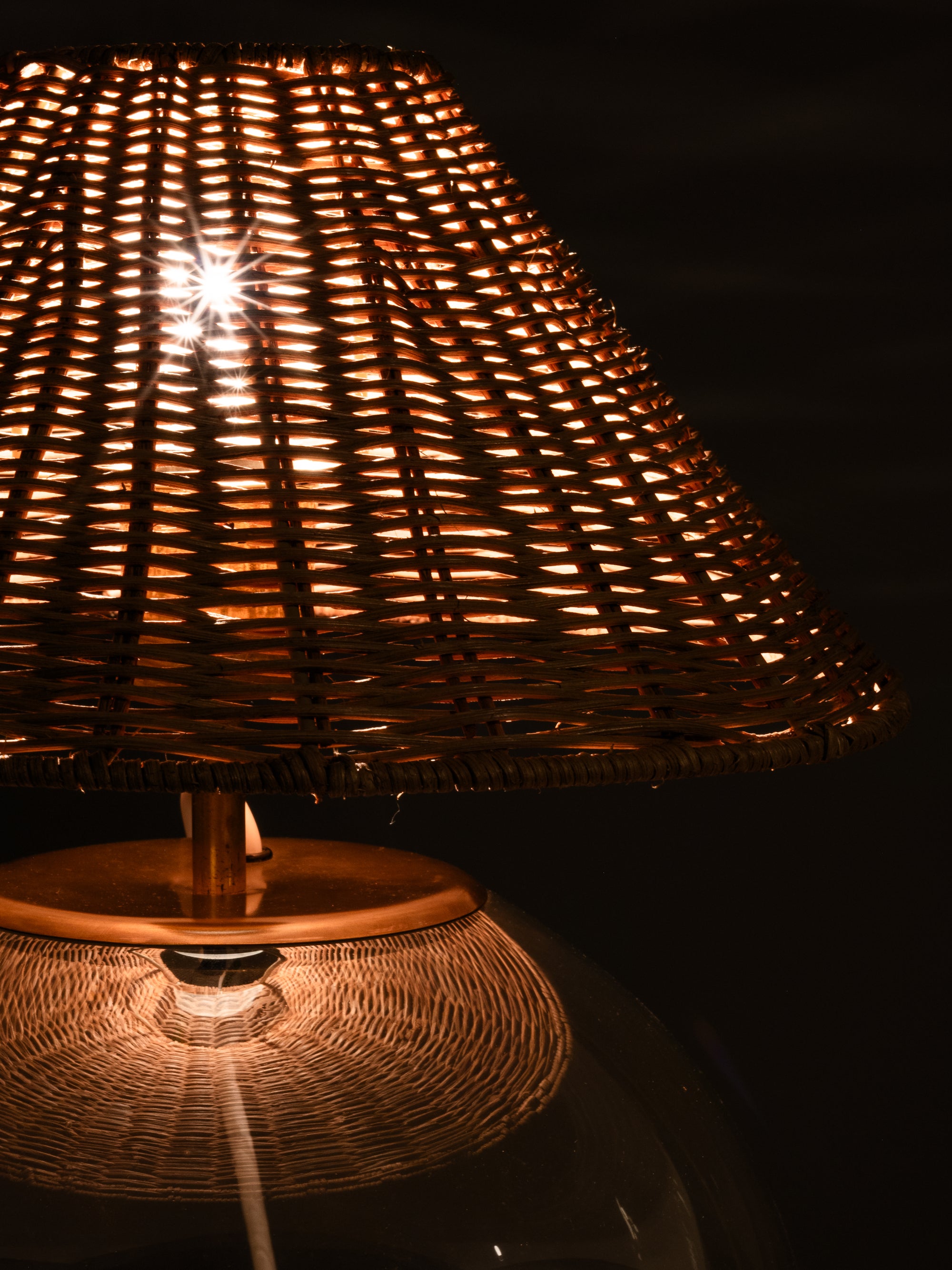 Finnish Mid-Century Glass Table Lamp with Wicker Shade