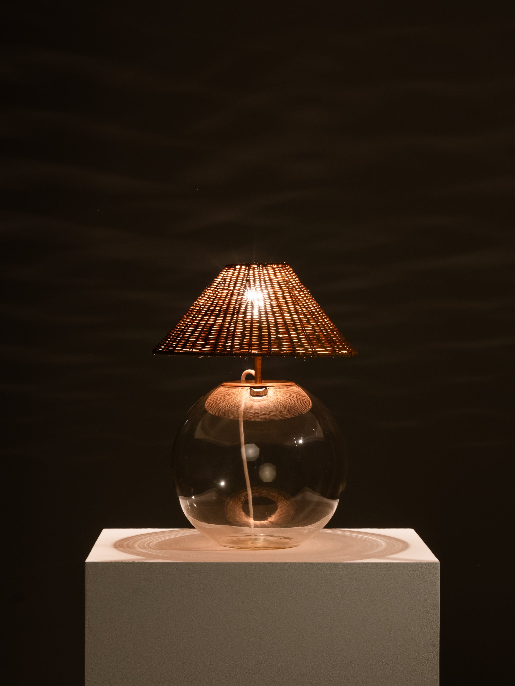 Finnish Mid-Century Glass Table Lamp with Wicker Shade