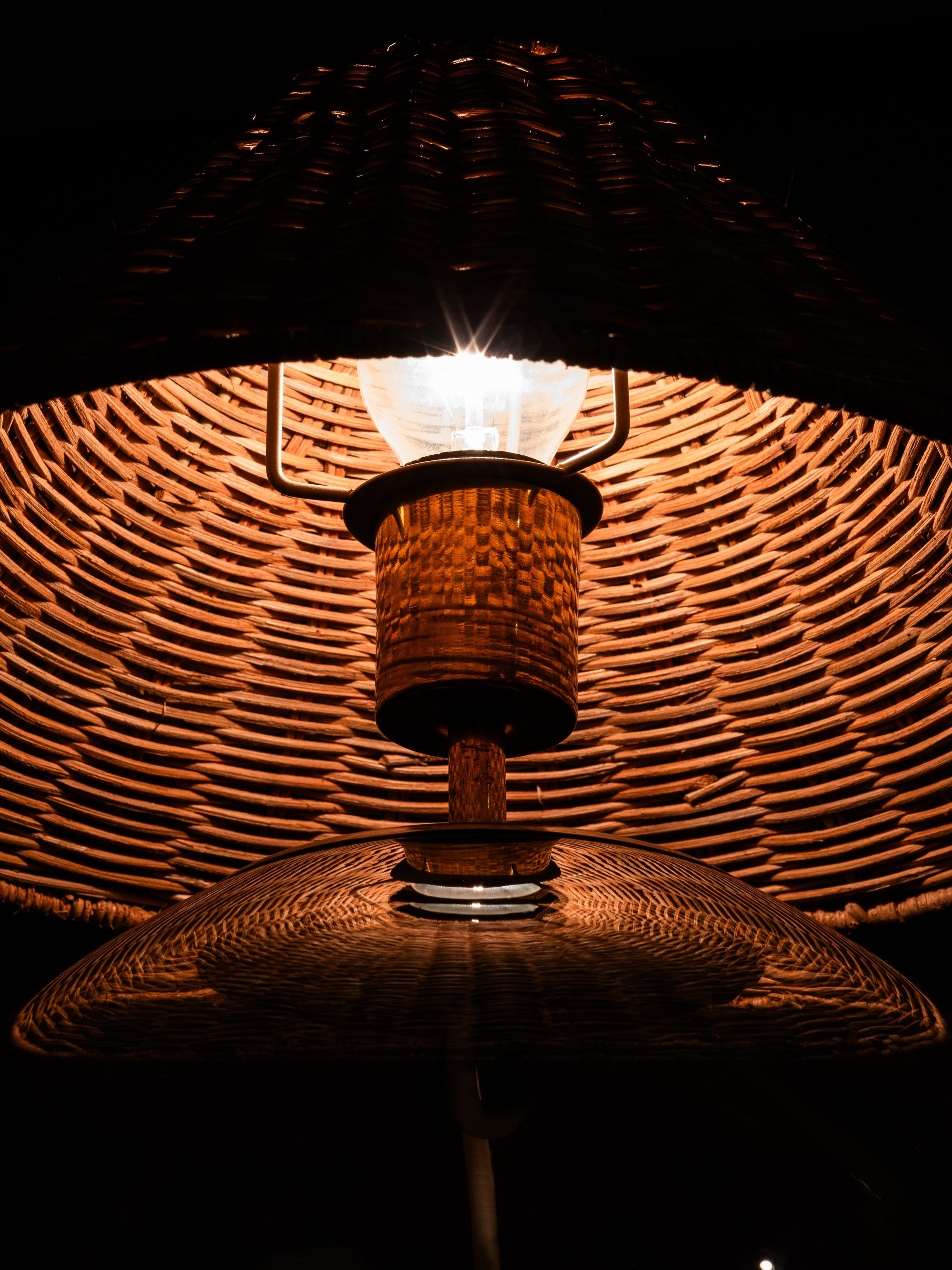 Finnish Mid-Century Glass Table Lamp with Wicker Shade