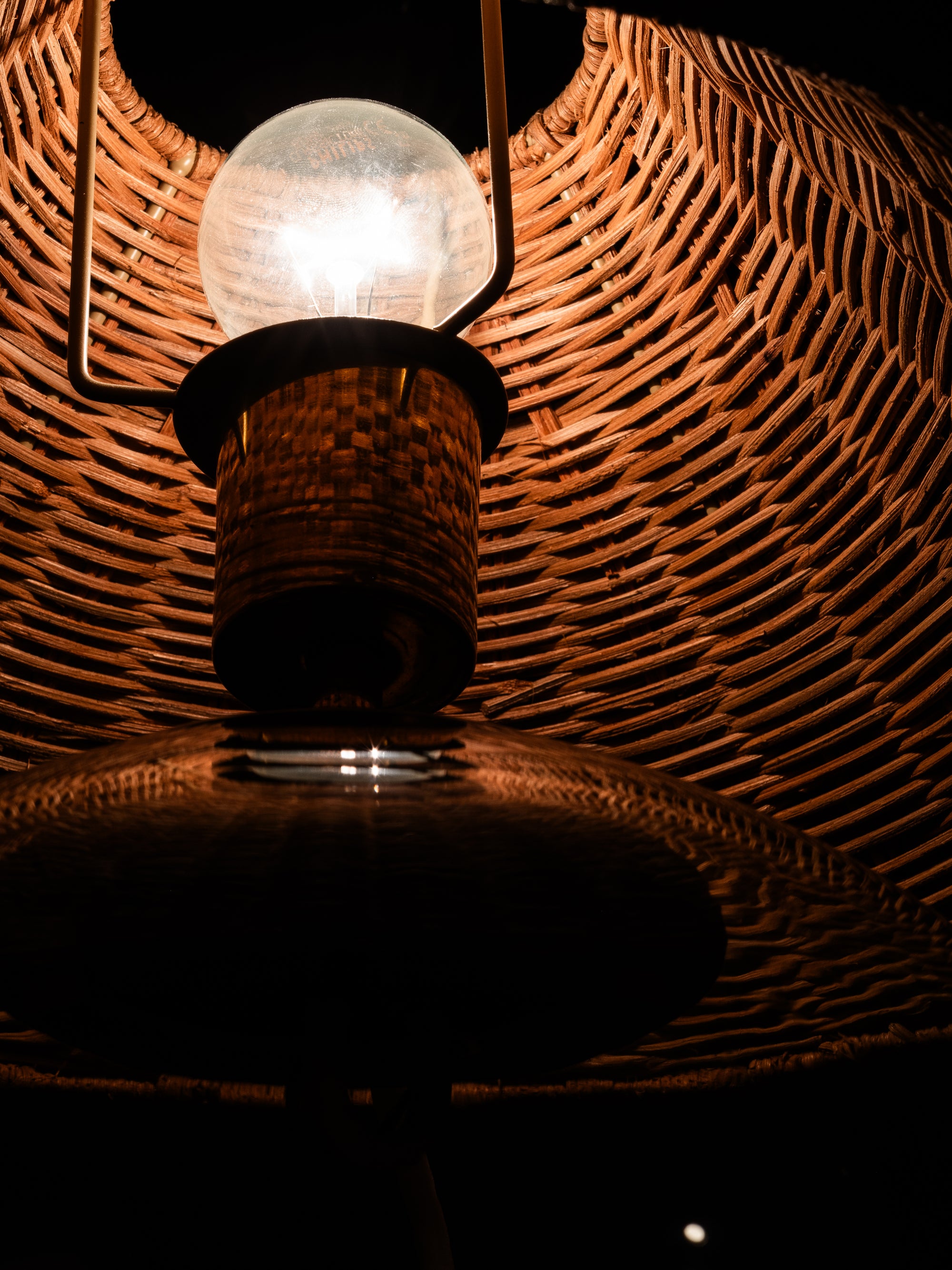 Finnish Mid-Century Glass Table Lamp with Wicker Shade