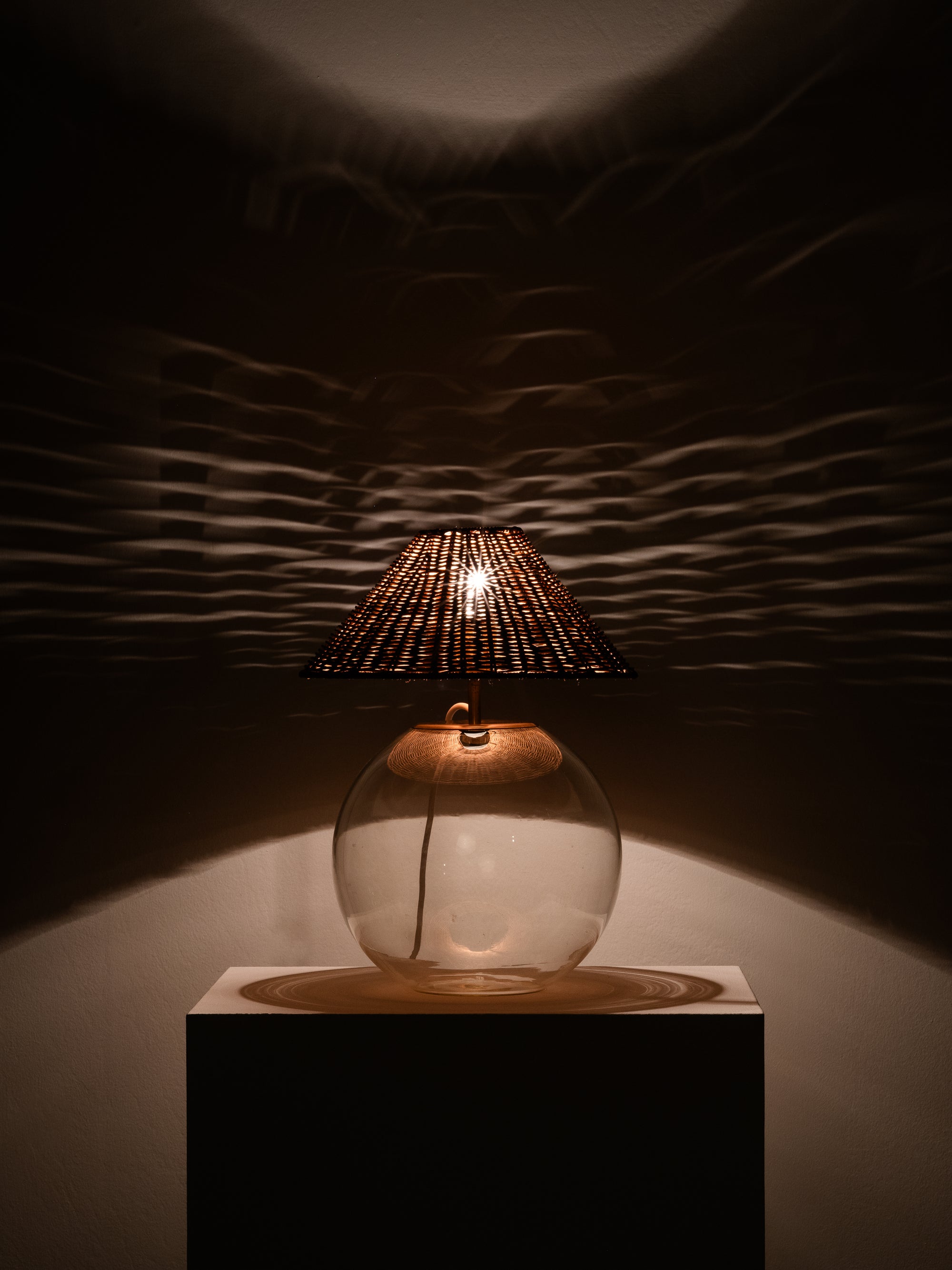 Finnish Mid-Century Glass Table Lamp with Wicker Shade