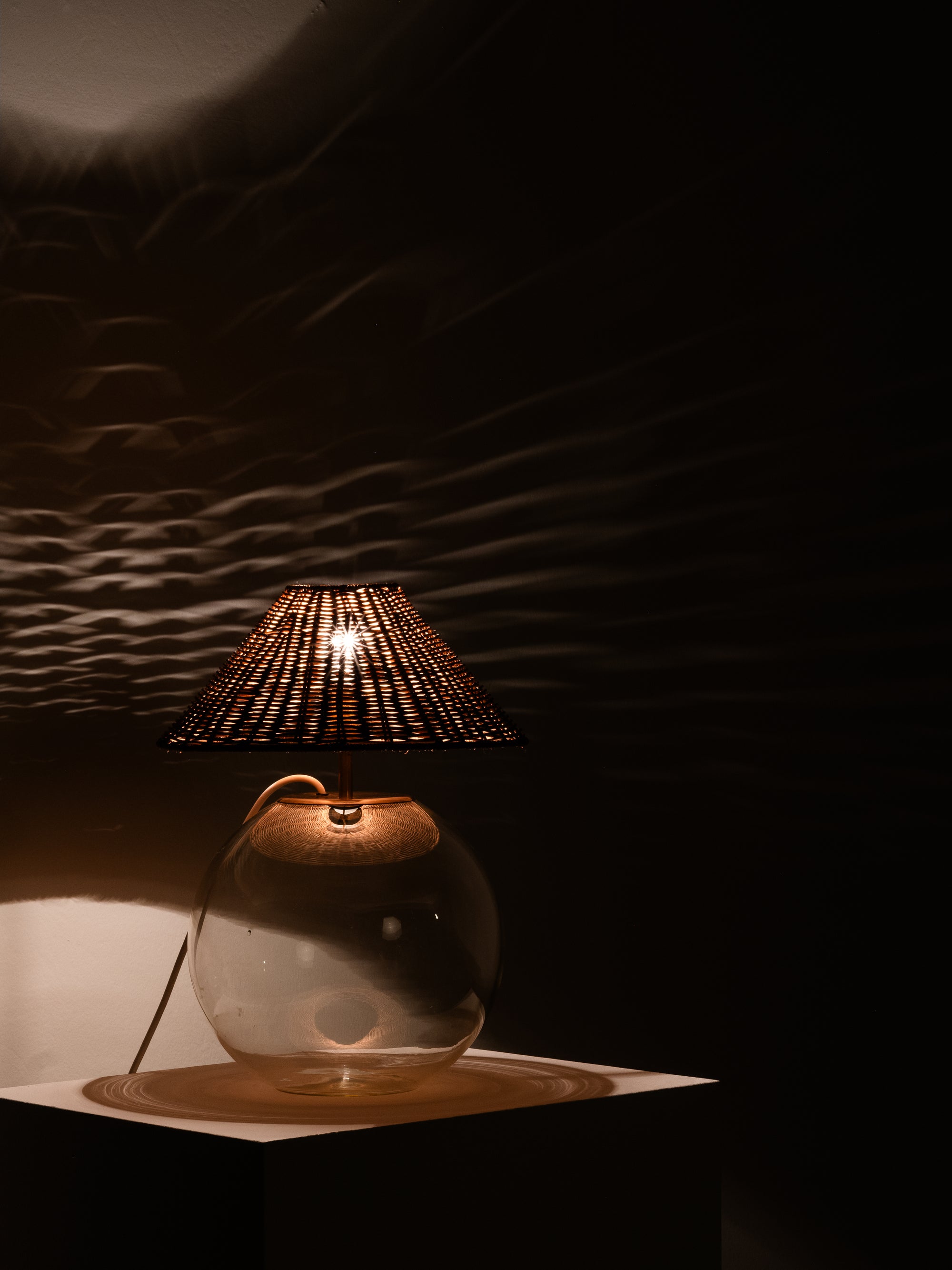 Finnish Mid-Century Glass Table Lamp with Wicker Shade