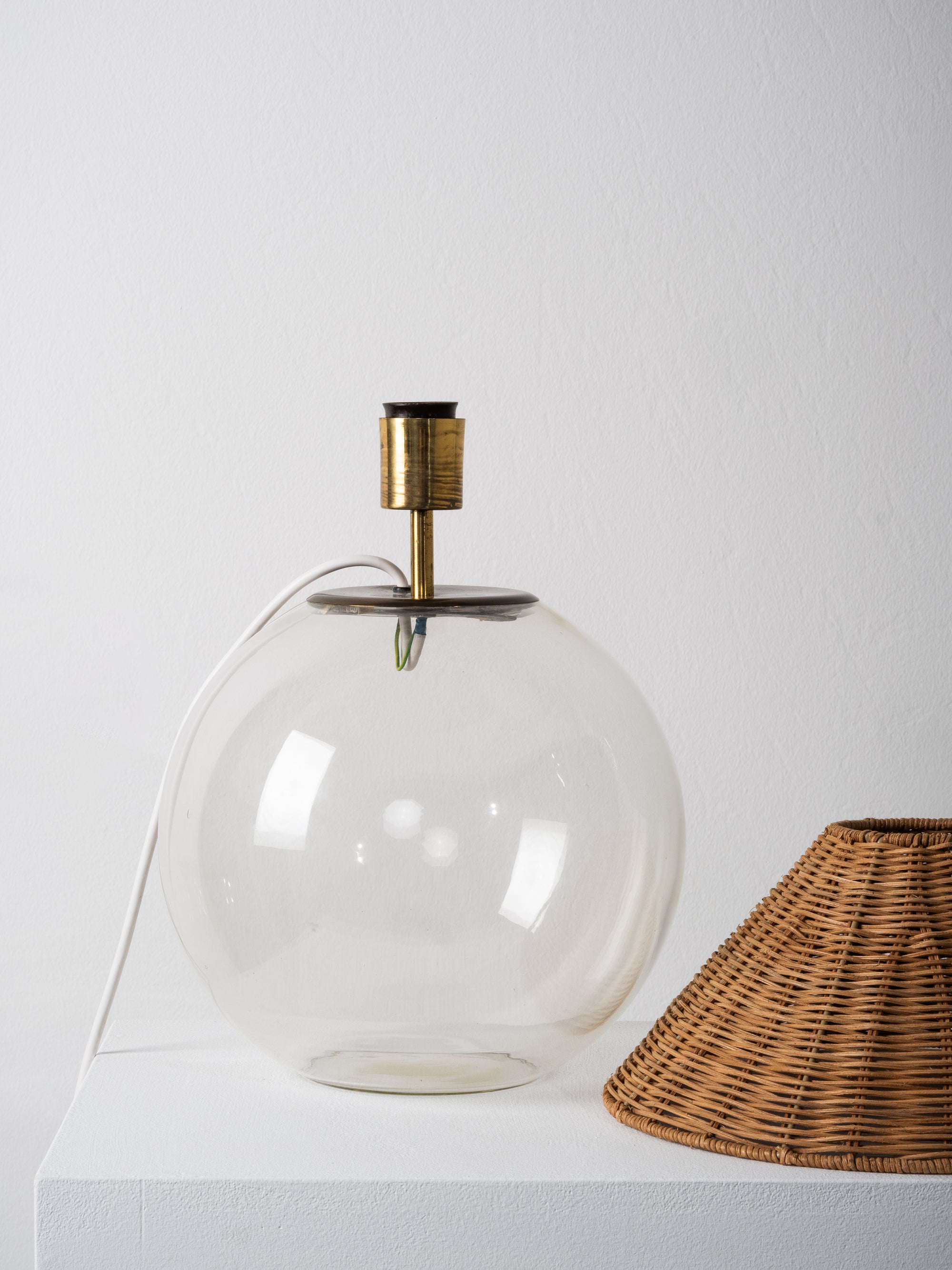 Finnish Mid-Century Glass Table Lamp with Wicker Shade