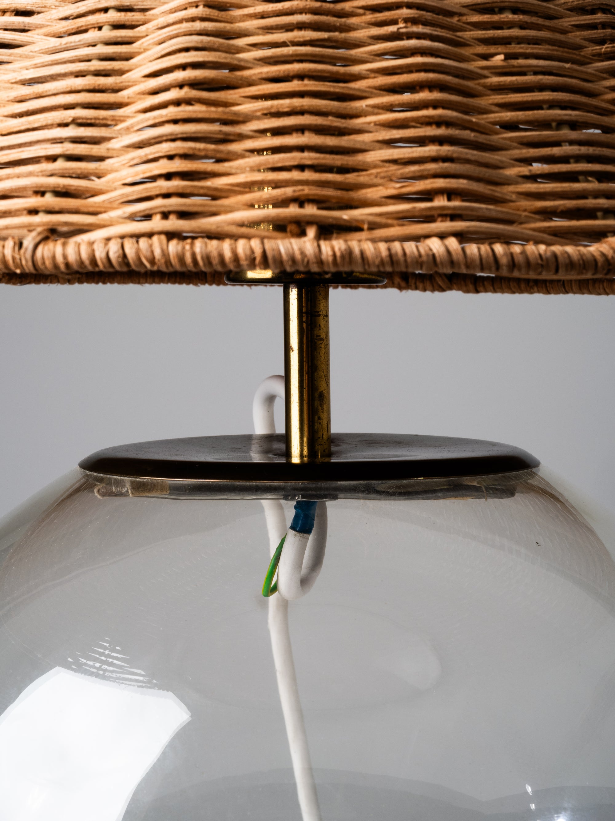Finnish Mid-Century Glass Table Lamp with Wicker Shade