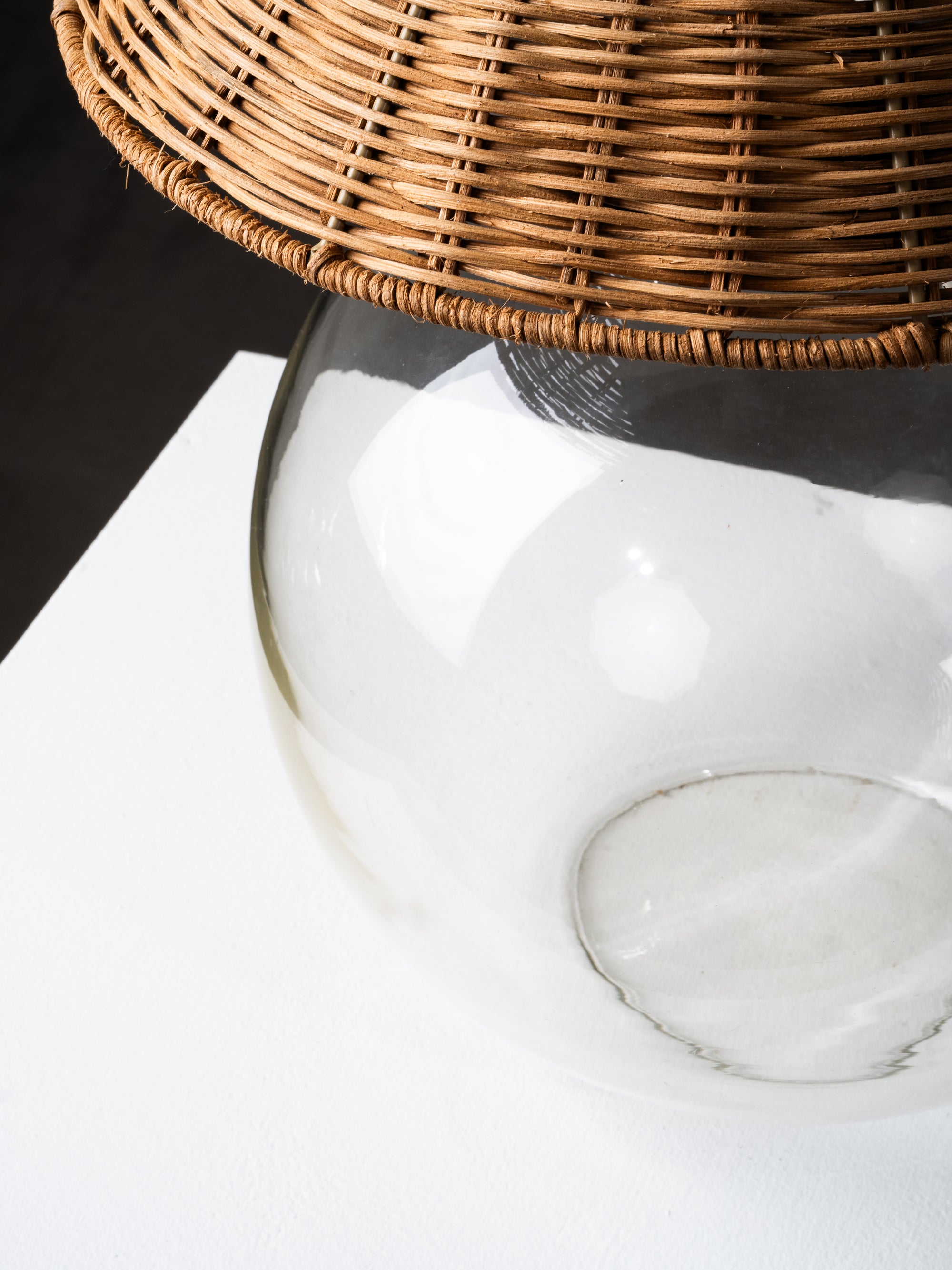 Finnish Mid-Century Glass Table Lamp with Wicker Shade