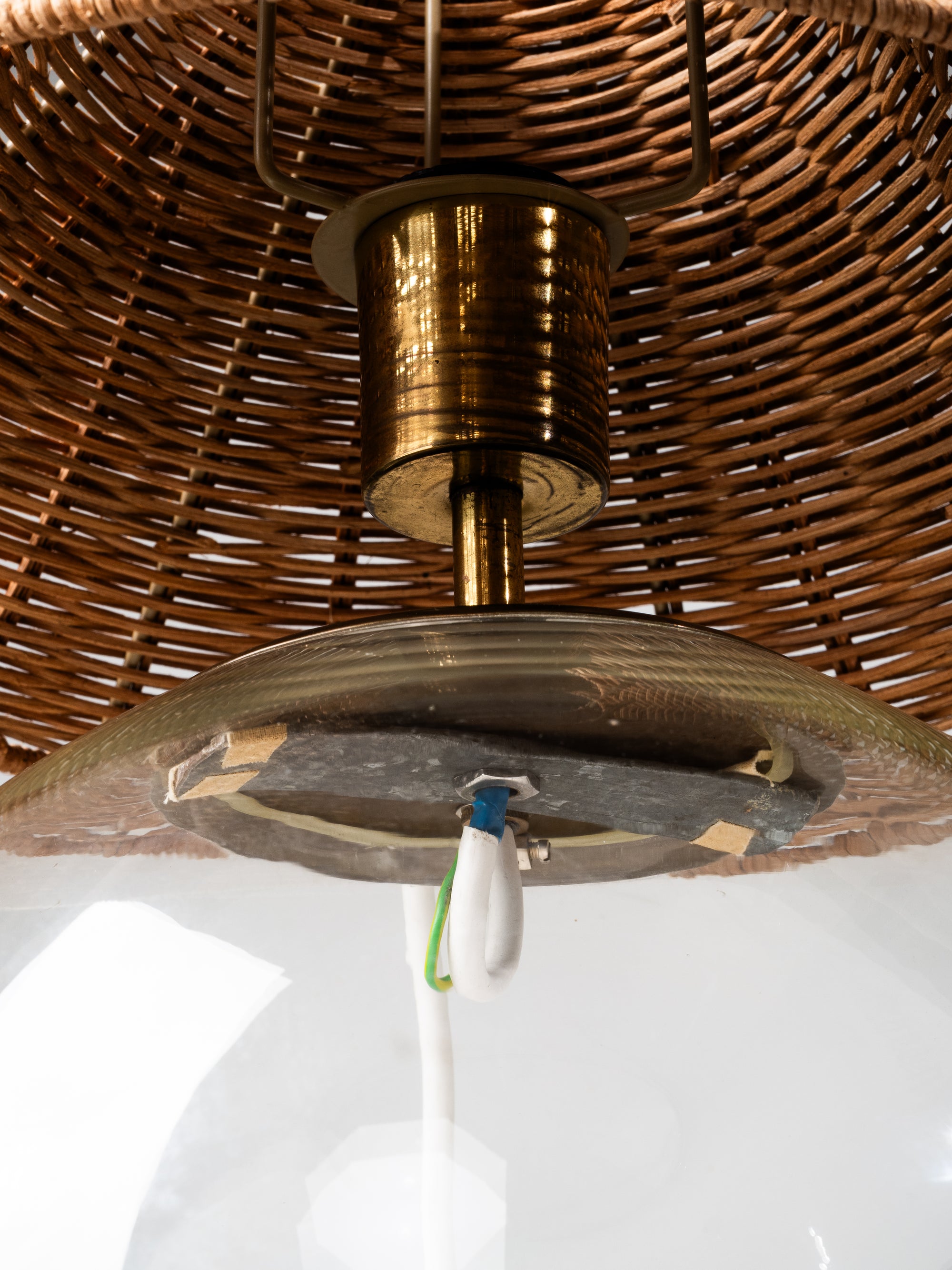 Finnish Mid-Century Glass Table Lamp with Wicker Shade