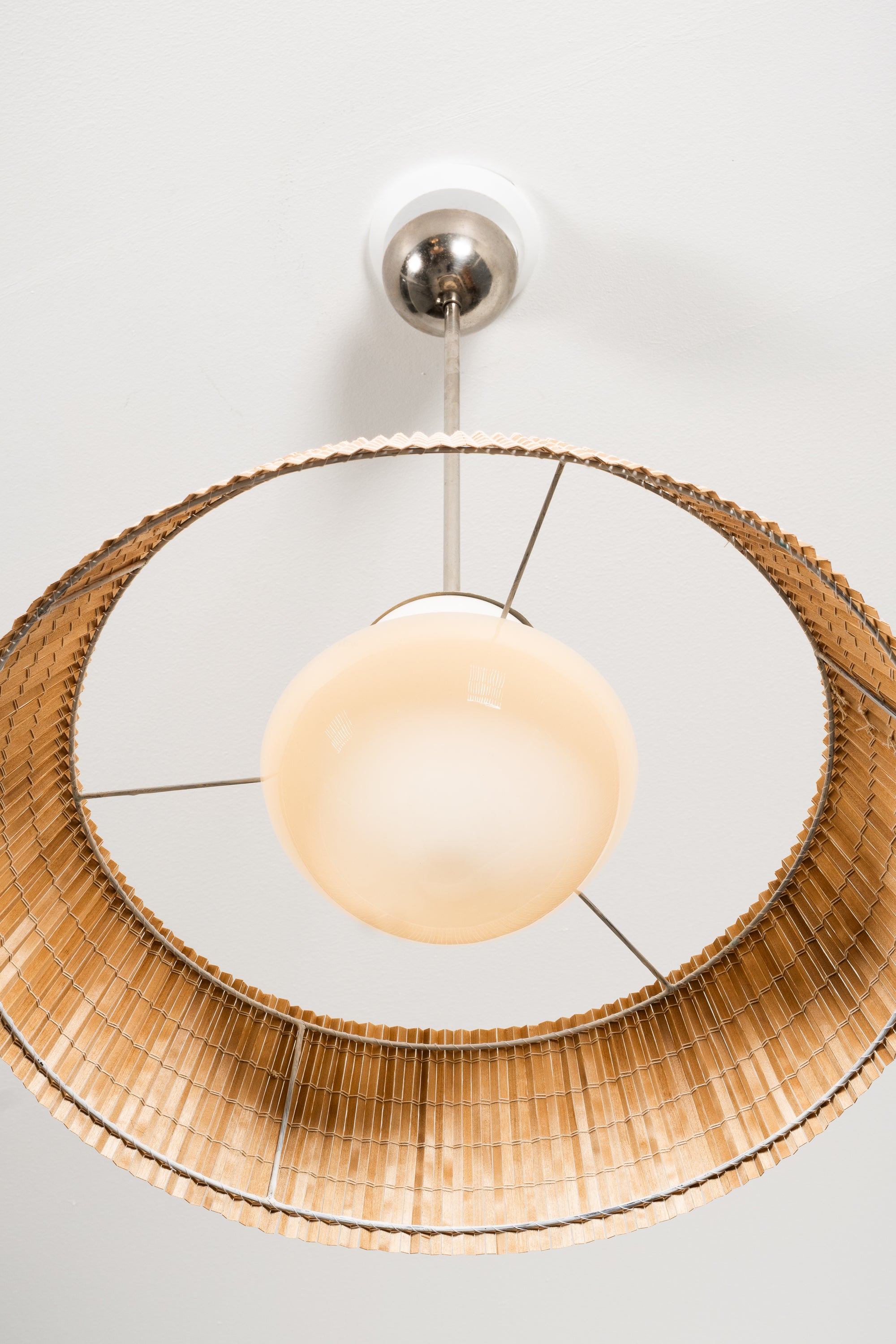 Rare Pair of Glass and Wood Slat Pendants by Gunilla Jung for Orno Oy, Finland