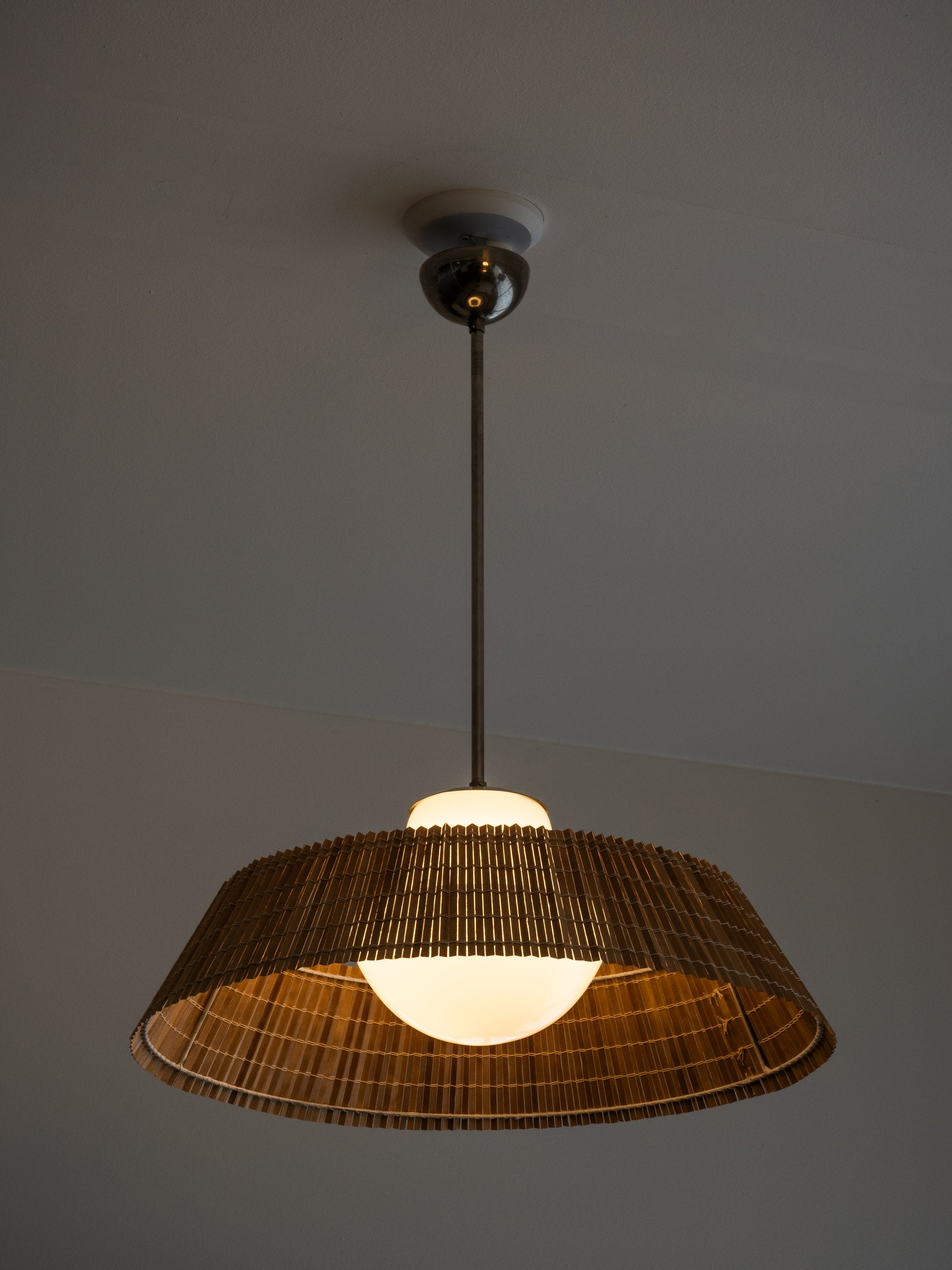 Rare Pair of Glass and Wood Slat Pendants by Gunilla Jung for Orno Oy, Finland